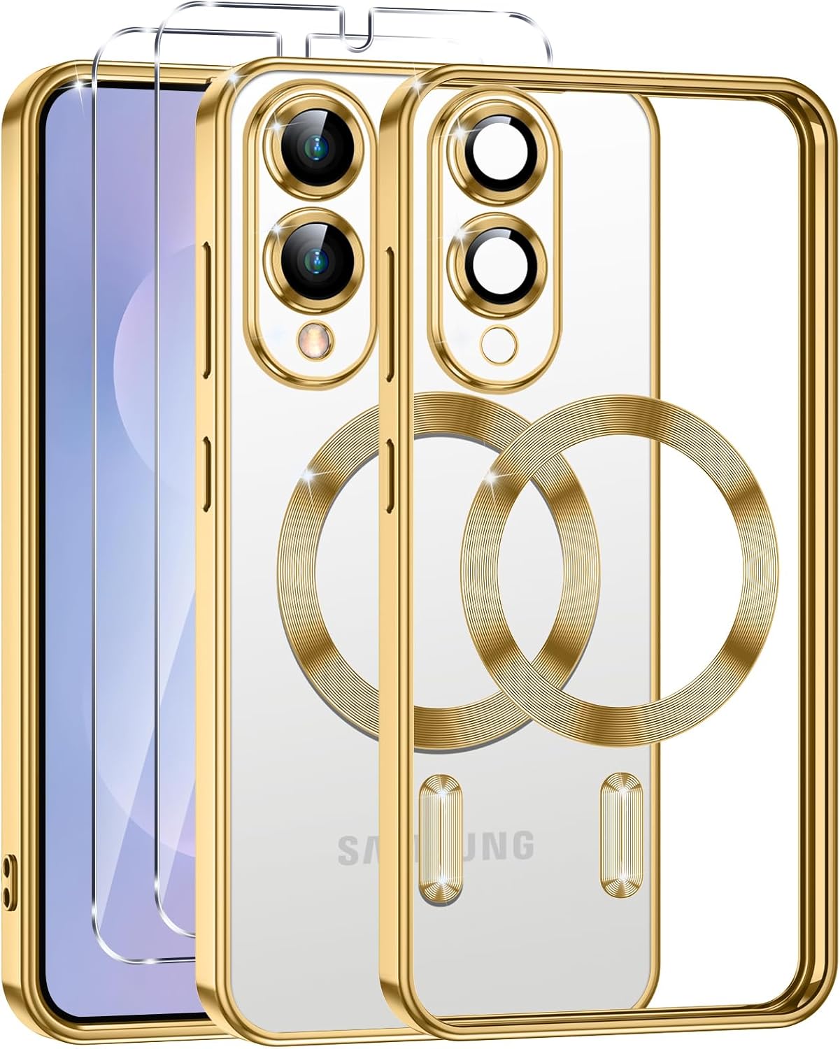 Samsung s25 Edge – Phoona Coque magnétique pour Samsung Galaxy S25 Edge avec 2 pièces en verre trempé, compatible avec MagSafe, militaire, résistant aux rayures, aux chocs, fin et transparent, doré
