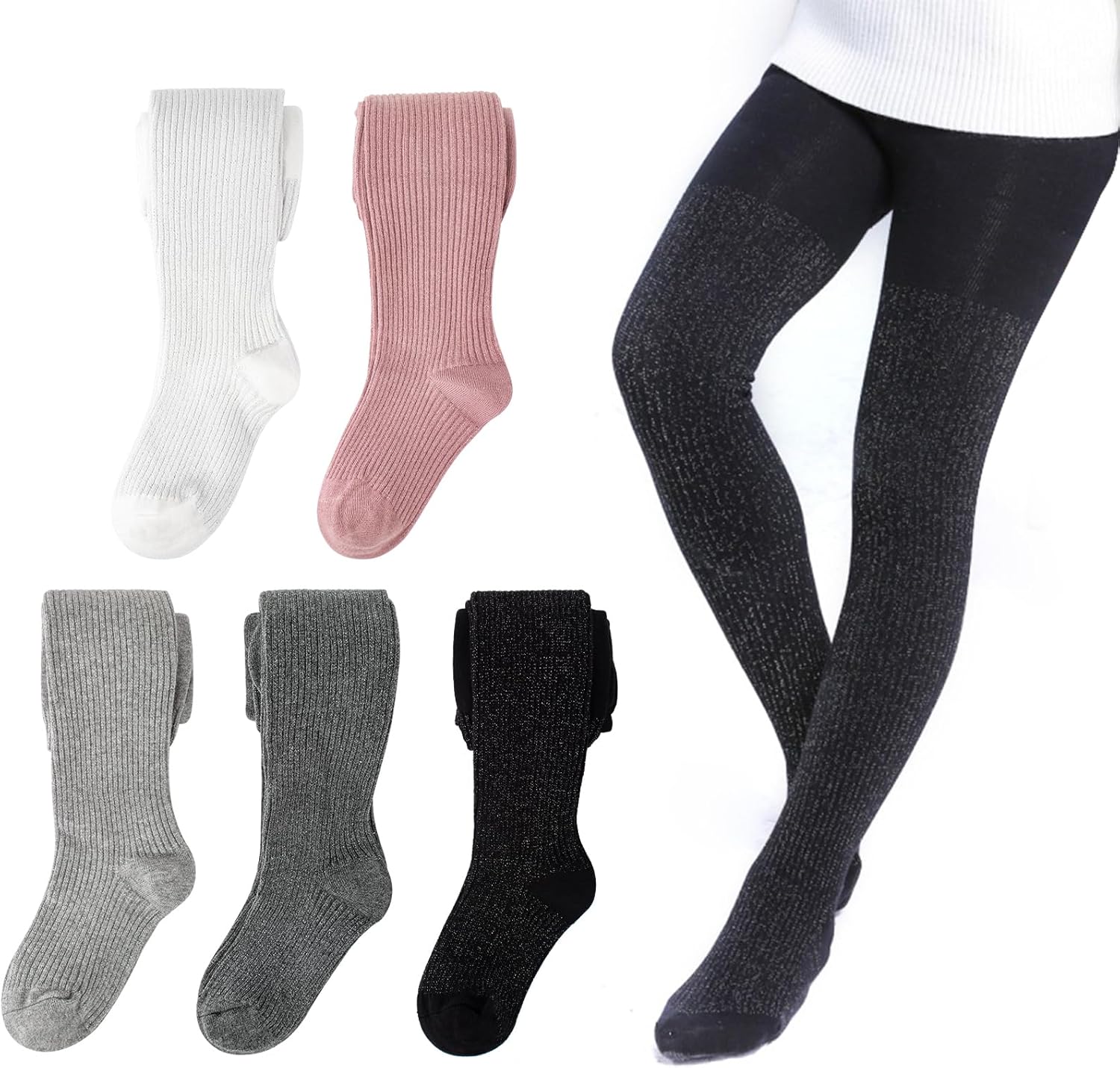 Looching 5 Pairs Baby Toddler Girls Sparkly Pantyhose Glitter Soft Cotton Tights Stockings for 2-8T Kids Children - Image 7