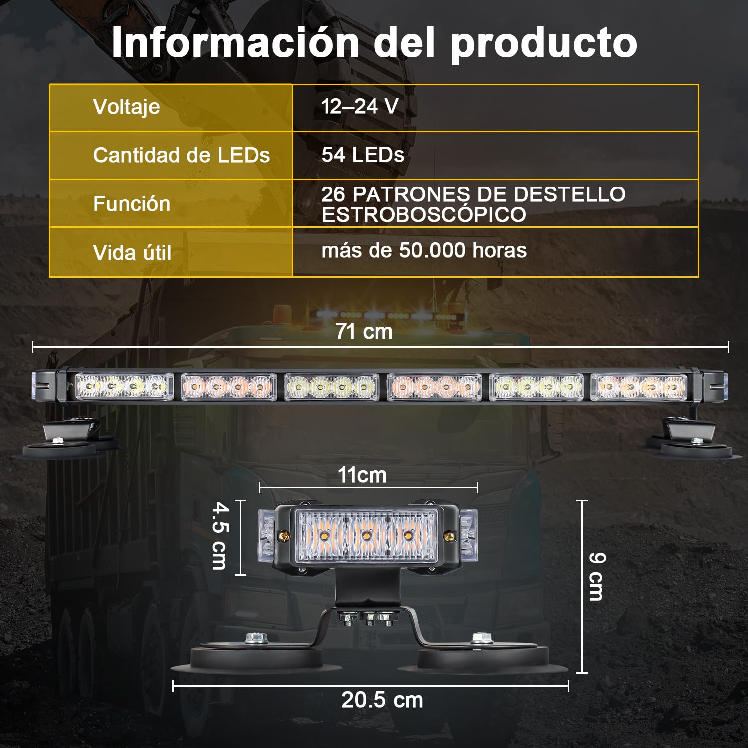 71cm Rotativo Luz LED Estroboscópica, 12V-24V Amarillo & Blanco Luz de Emergencia con 20 Imanes Resistentes para Vehículos de Construcción Carretilla Elevadora Tractor Remolque Quitanieves