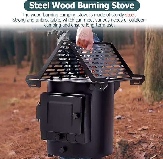Black Tent Wood Burning Stoves Portable - Easy to Transport Firewood Stove Camping w/Heat Resistant Glass - Hot Tent Pot Belly Stove for Barbecue, Omelette, Boil Water