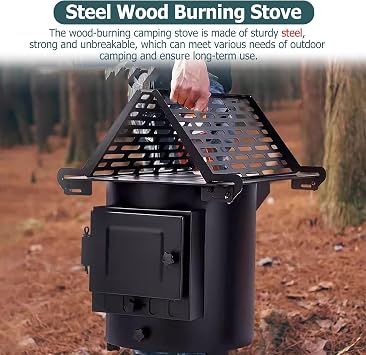 Black Tent Wood Burning Stoves Portable - Easy to Transport Firewood Stove Camping w/Heat Resistant Glass - Hot Tent Pot Belly Stove for Barbecue, Omelette, Boil Water