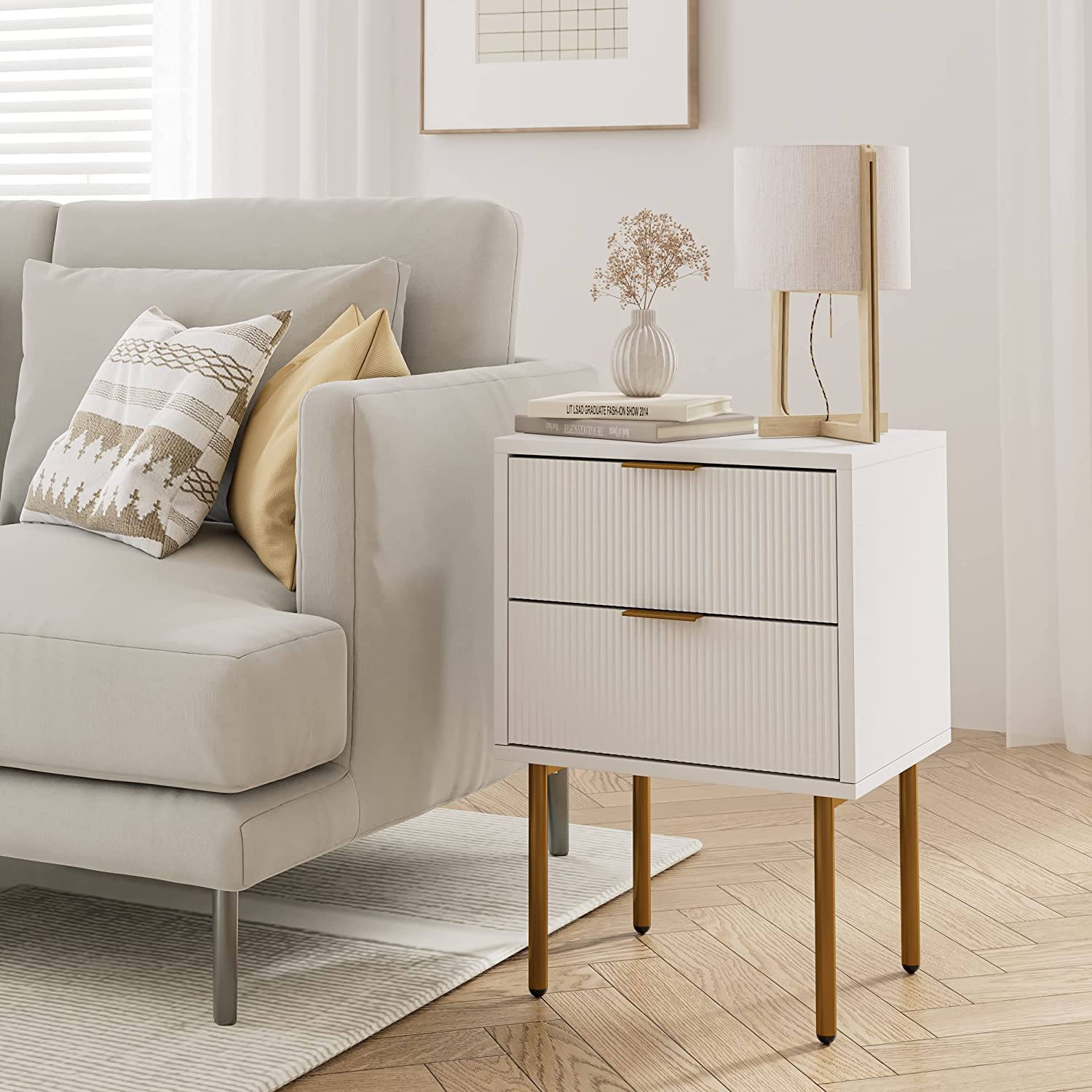 HEYZOEY Mesita de Noche, mesita de Noche Moderna, Estilo Bohemio, para Dormitorio, salón, Blanco (2 cajones)