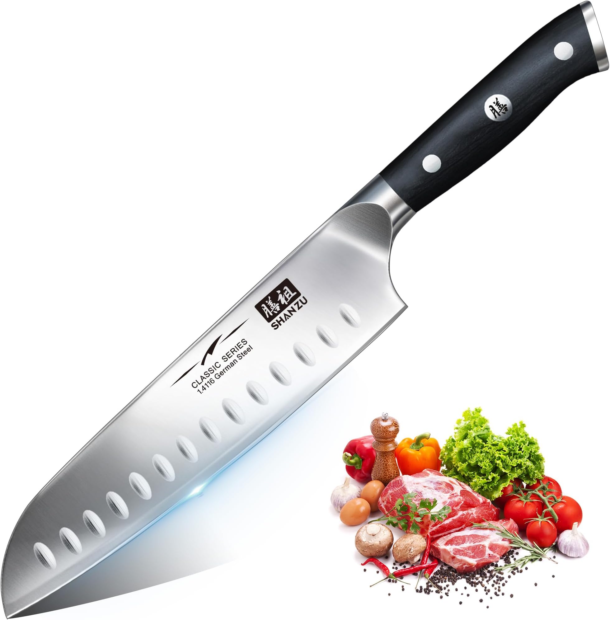– SHAN ZU Kitchen Knife with 18 cm Japanese Santoku Knives Professional Ultra Sharp Chef Knife German Stainless Steel Blade, Utility Knives with Ergonomic Handle for Cutting Fruit, Vegetables, Meat