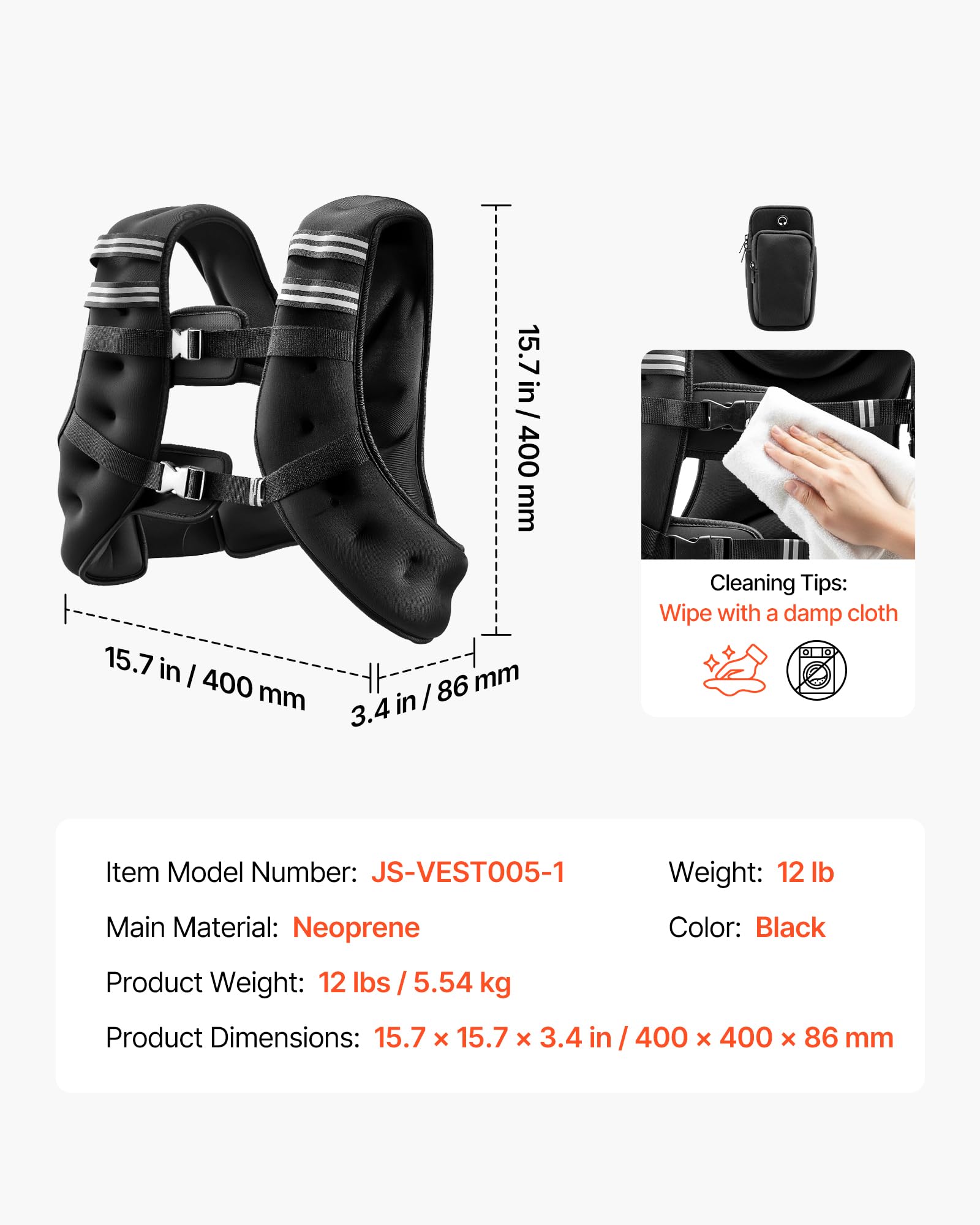 VEVOR Giubbotto con Pesi 5,54kg, Giubbotto con Pesi Fibbia Regolabile, Spalline e Striscia Riflettente per Allenamento Fisico, Attrezzatura da Allenamento Bodybuilding, Corsa, Jogging Fitness, Nero