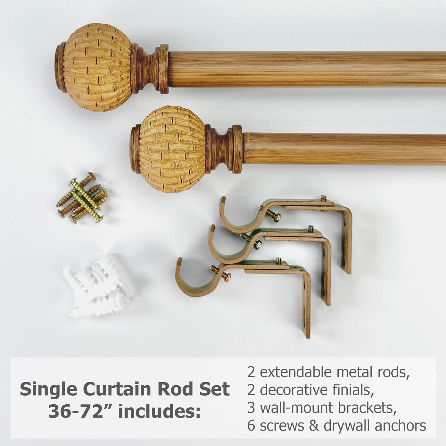 Faux Wood Curtain Rods for Windows 24-68Inch, 1 Inch Heavy Duty Boho Decorative Drapery Rods with Pumpkin Finials, Adjustable 36-72" Single Rods Window Treatment Rod for Apartment, Easy Install