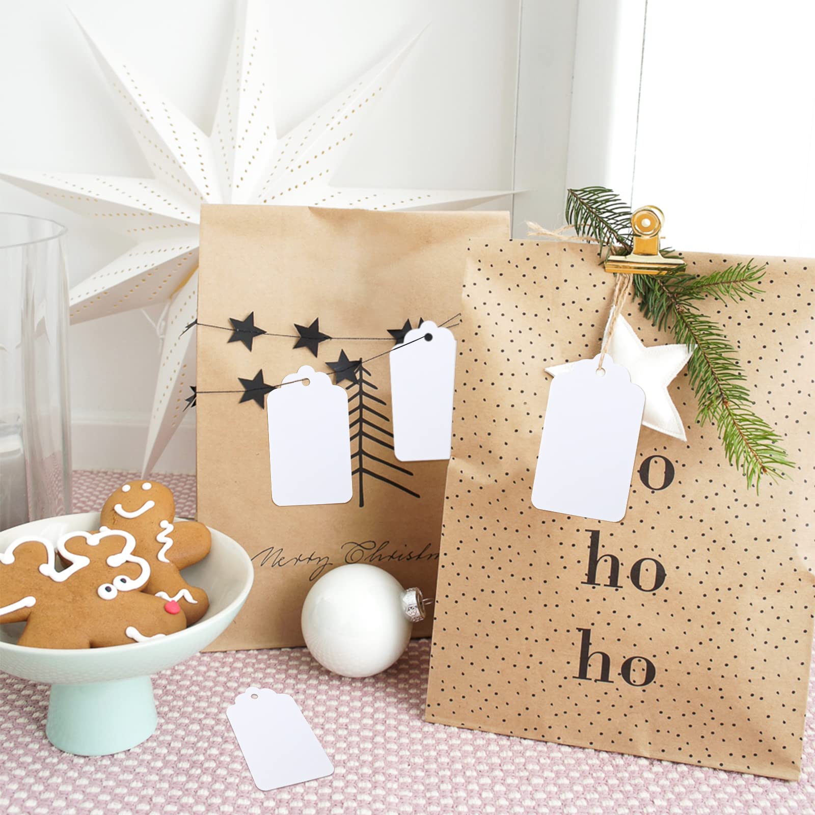 100 Etichette Carta Kraft 5.9x5.9 Cm - Con Corda Di Iuta, Per Regali, Bomboniere, Natale E Compleanno