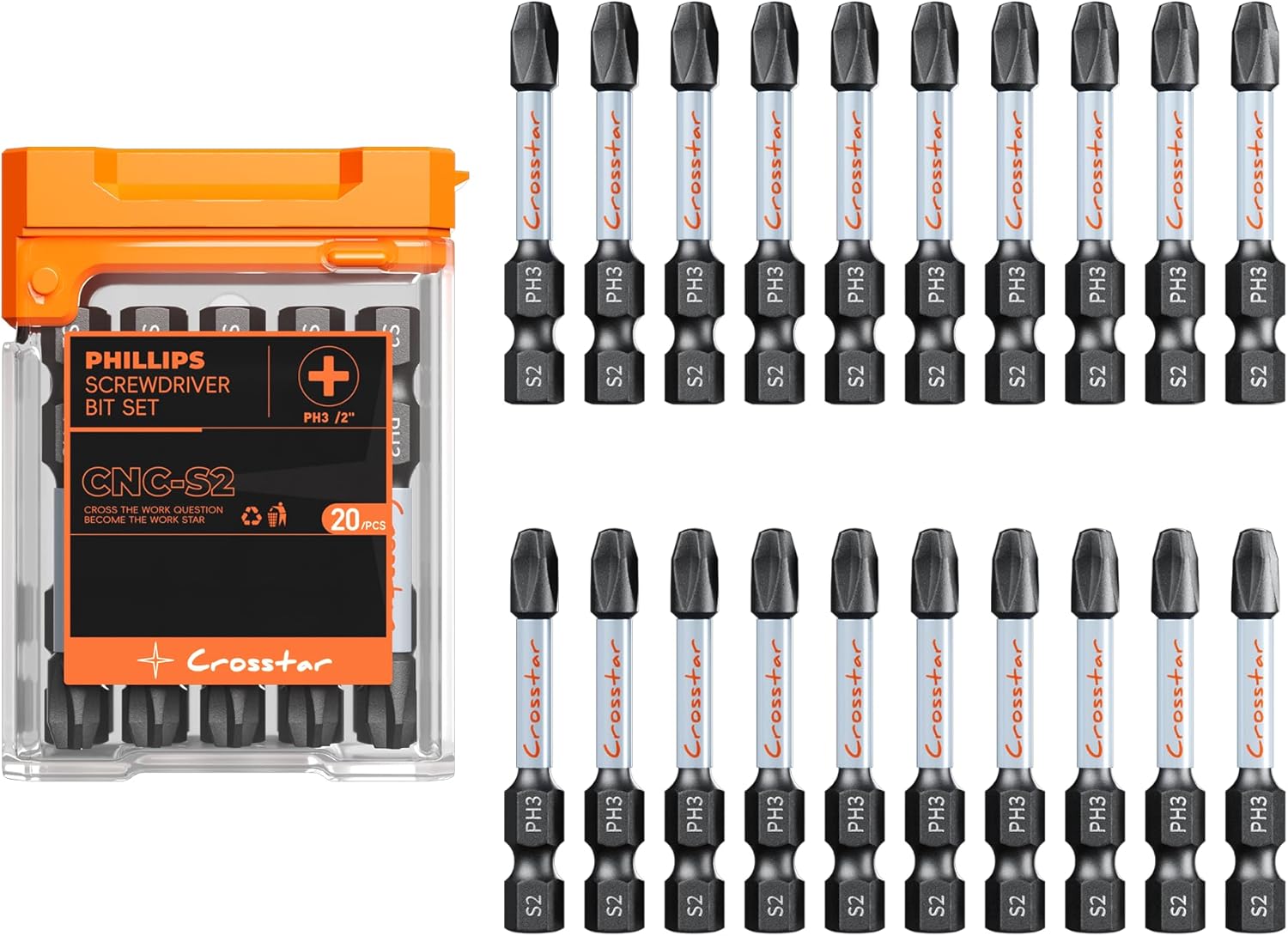 Crosstar 20-Pack 2-Inch #3 Phillips Magnetic Impact Bits – Anti-Slip CNC Tips, S2 Alloy Steel, 1/4" Hex Shank, Impact Ready for Drill & Driver, Professional & DIY Use