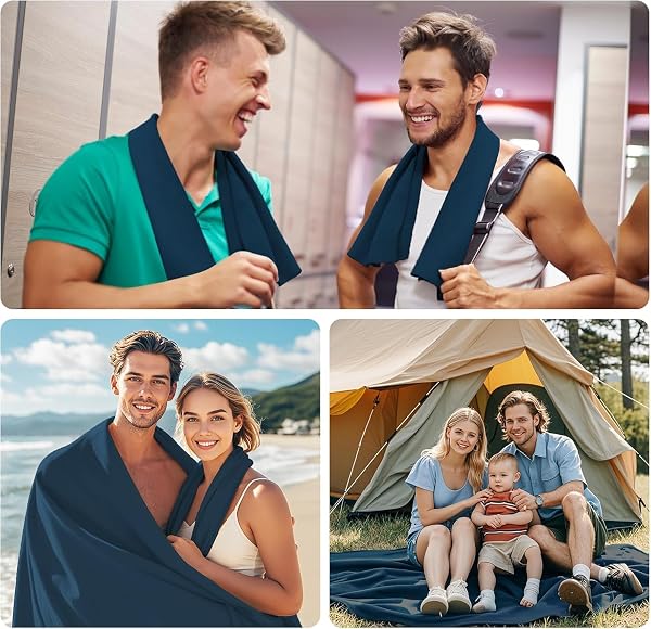 Mikrofaser Handtuch 3er Set - Groß 200×100cm & 2 Klein 80×40cm, Schnelltrocknend Microfaser Sporthandtuch, für Reisehandtuch, Badetuch, Fitness & Sport Handtücher und Strandtuch (Dunkelblau) - 3
