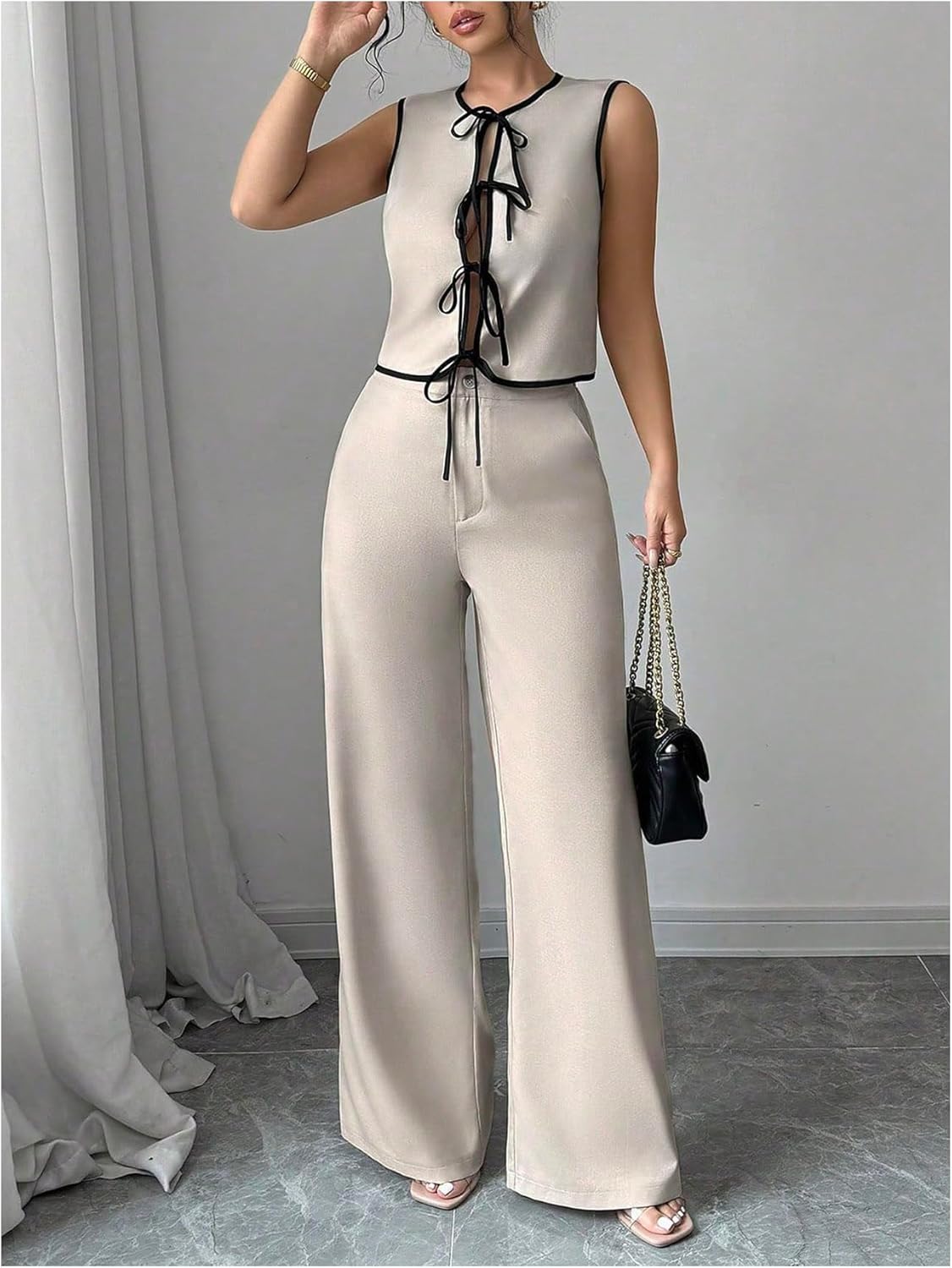 OYOANGLE Women's Two Piece Dressy Outfit Tie Up Tank Top Zipper Fly Wide Leg Pants Matching Sets - Image 2