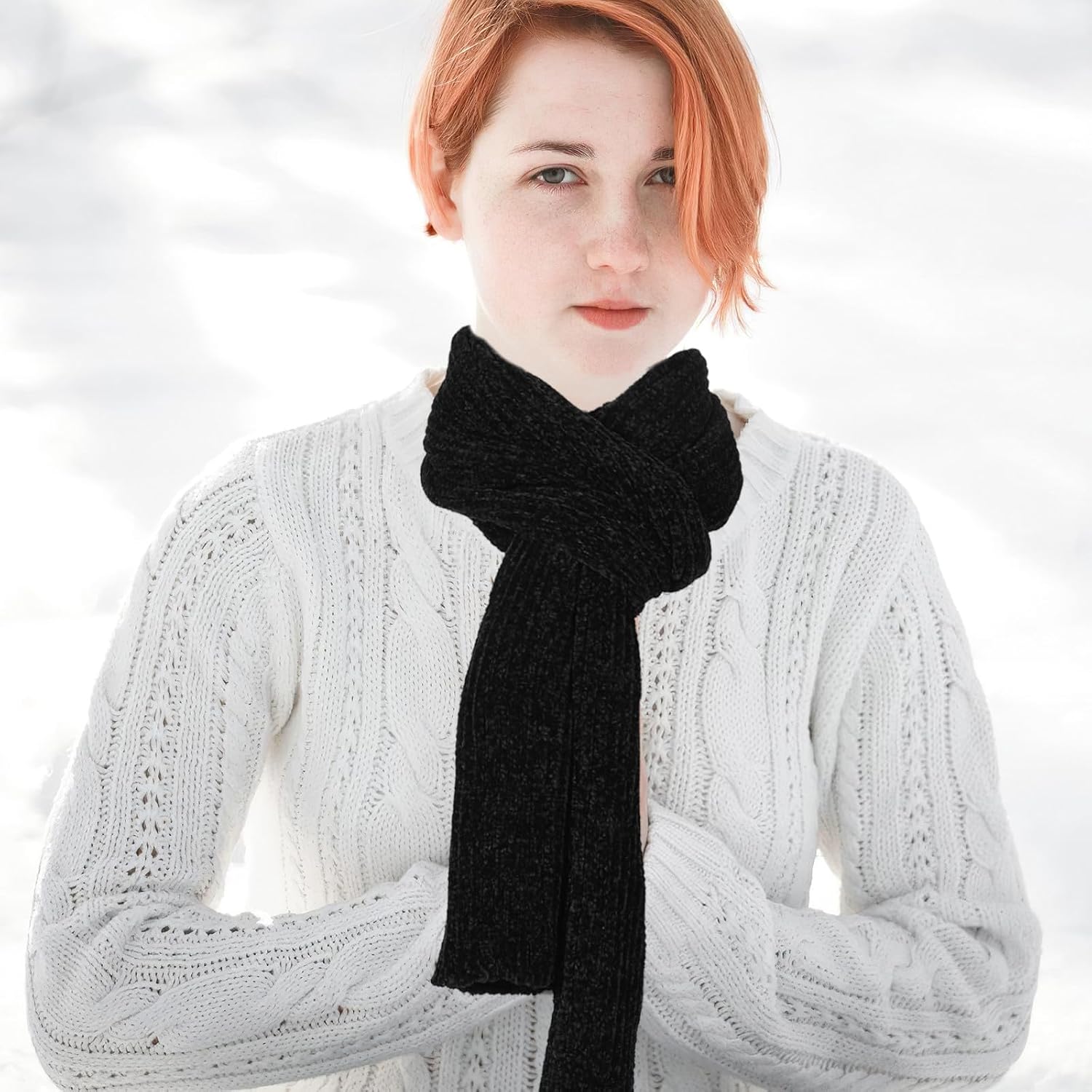 Women Winter Beanie Hat and Touchscreen Gloves Chenille Set Black