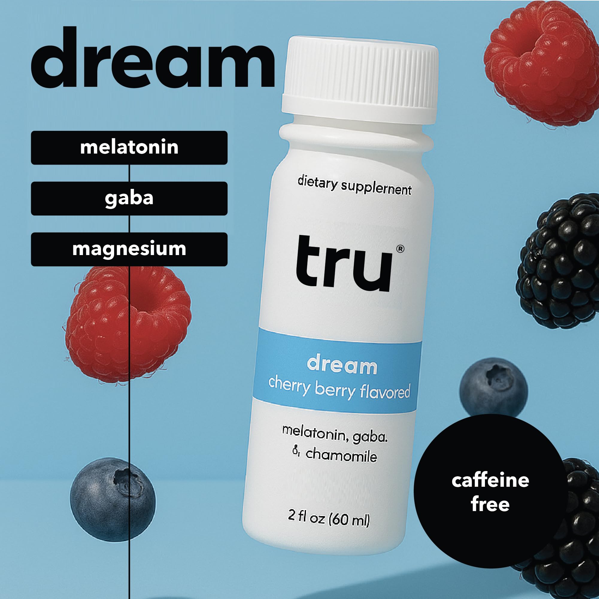 Tru Dream Shot, Extra Strength Sleep Supplement with Melatonin, GABA, Chamomile & Magnesium, Cherry Berry Flavored Wellness Drink, Gluten Free, Vegan, Caffeine & Sugar Free, 2 FL OZ Bottles, 12 Pack — Amazon image 5
