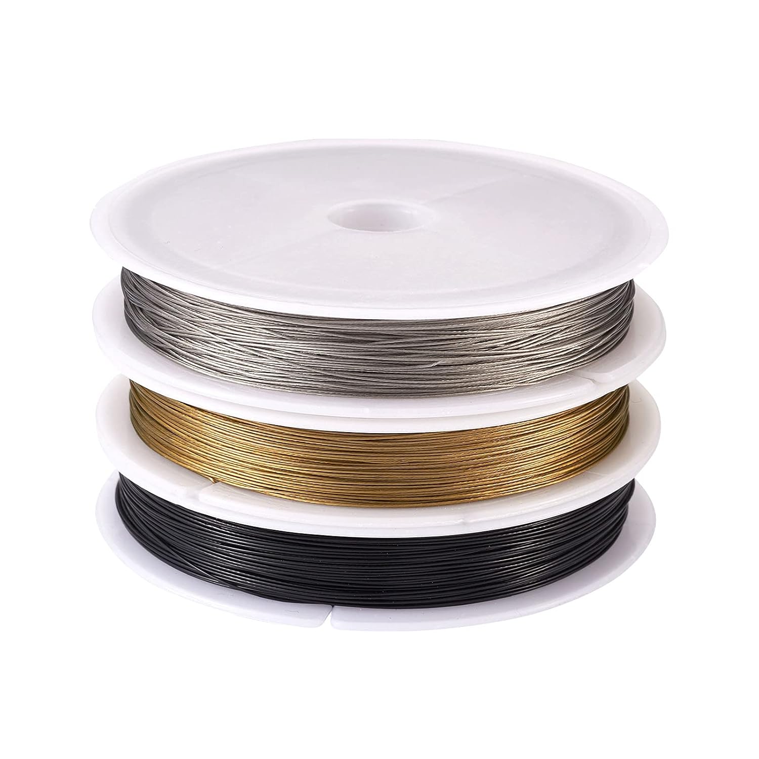 Fashewelry 0.38mm Tiger Tail Beading Wire Nylon-Coated Steel Metal Craft String with Spool for DIY Jewelry Making, Gold, Silver, Black (3 Rolls x 65.6 Yards/roll)