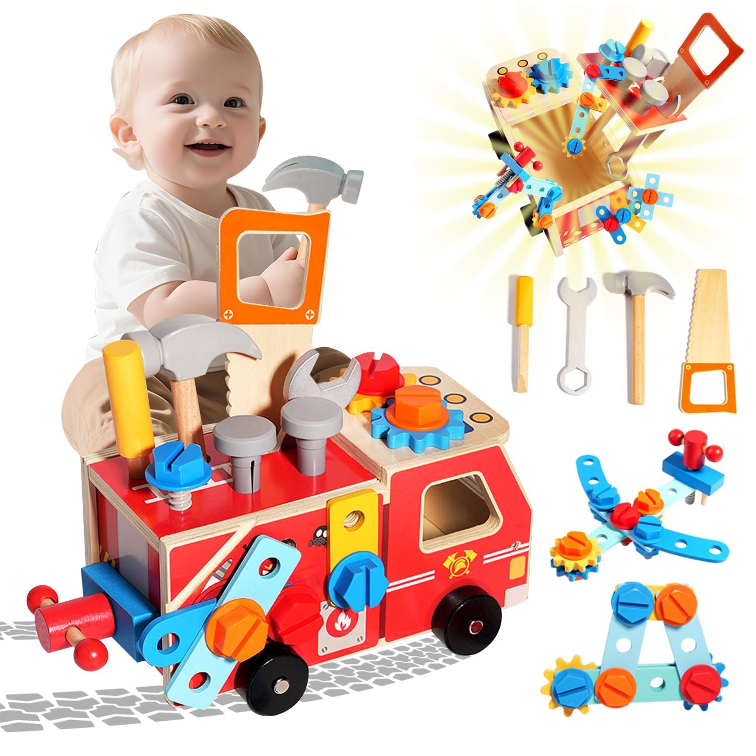 Tools Toy Children, 33 Pieces Box Tools Toys Wooden Fire Truck Educational Game Box Crafts Tools DIY Gift Boy Girls 2 3 4 5 Years Old