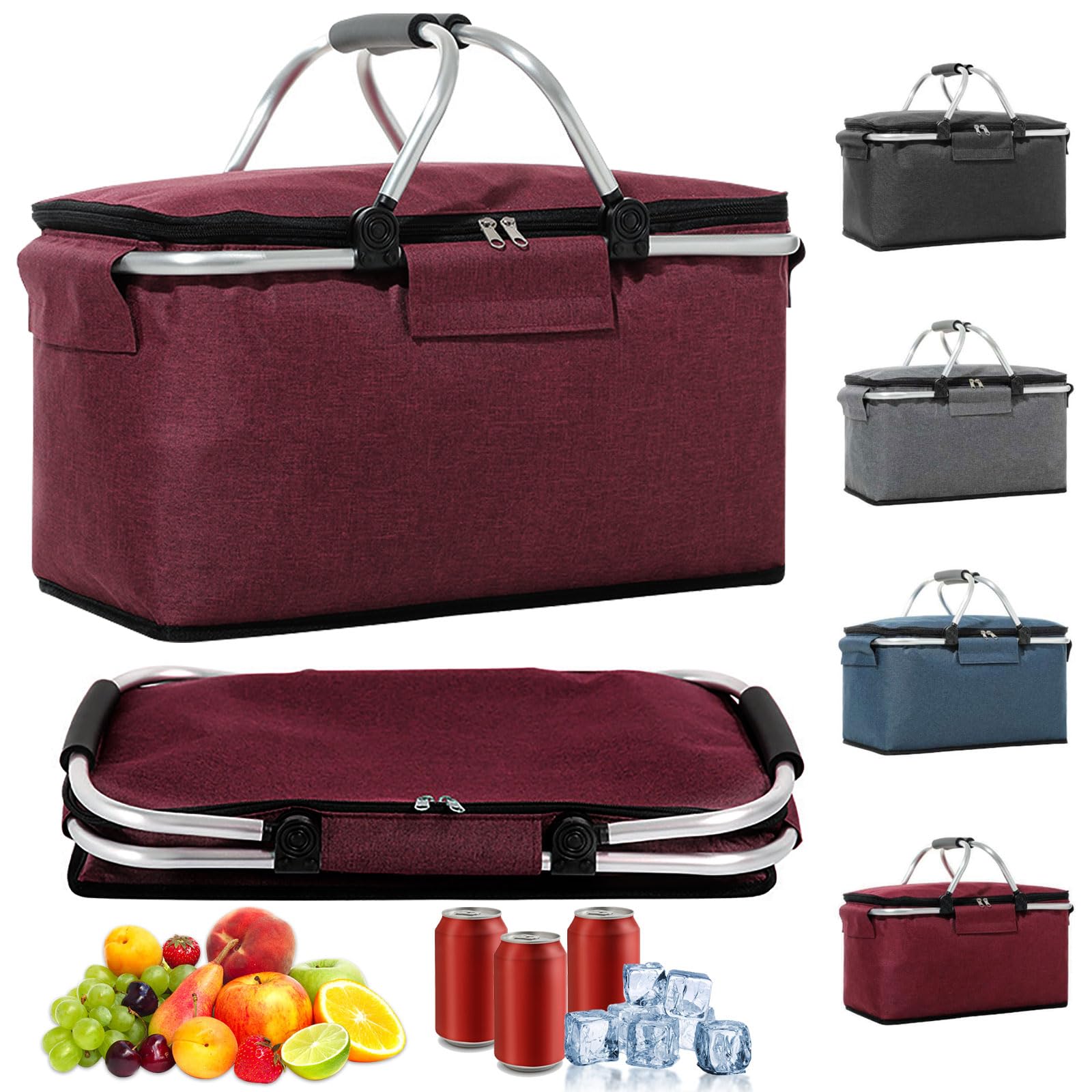18L Einkaufskorb Faltbar, Einkaufskorb mit Kühlfunktion, mit Deckel, Korb Einkaufen, Kühlkorb Klappbare, Kühlbox Tragbare, Tragekorb, Isoliert für Reisen, Picknick, Einkaufen