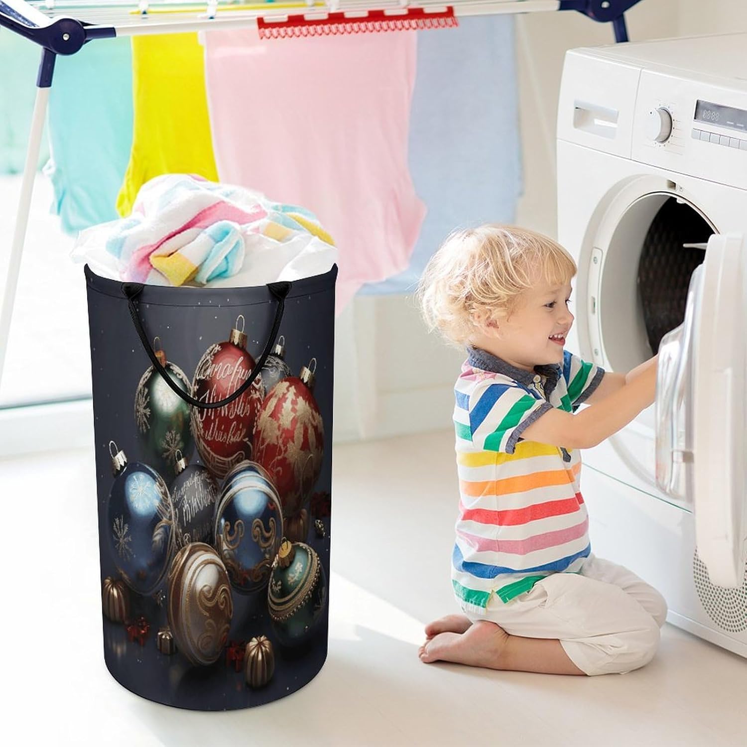 Christmas Balls Laundry Basket Waterproof And Moisture-Proof Storage Bins Collapsible Round Laundry Hamper Perfect for Toys, Clothes And Sundries