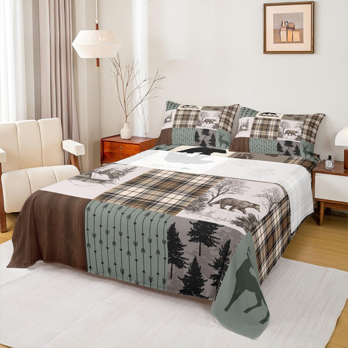 Parure de lit rustique lit double enfant literie complète motifs bois