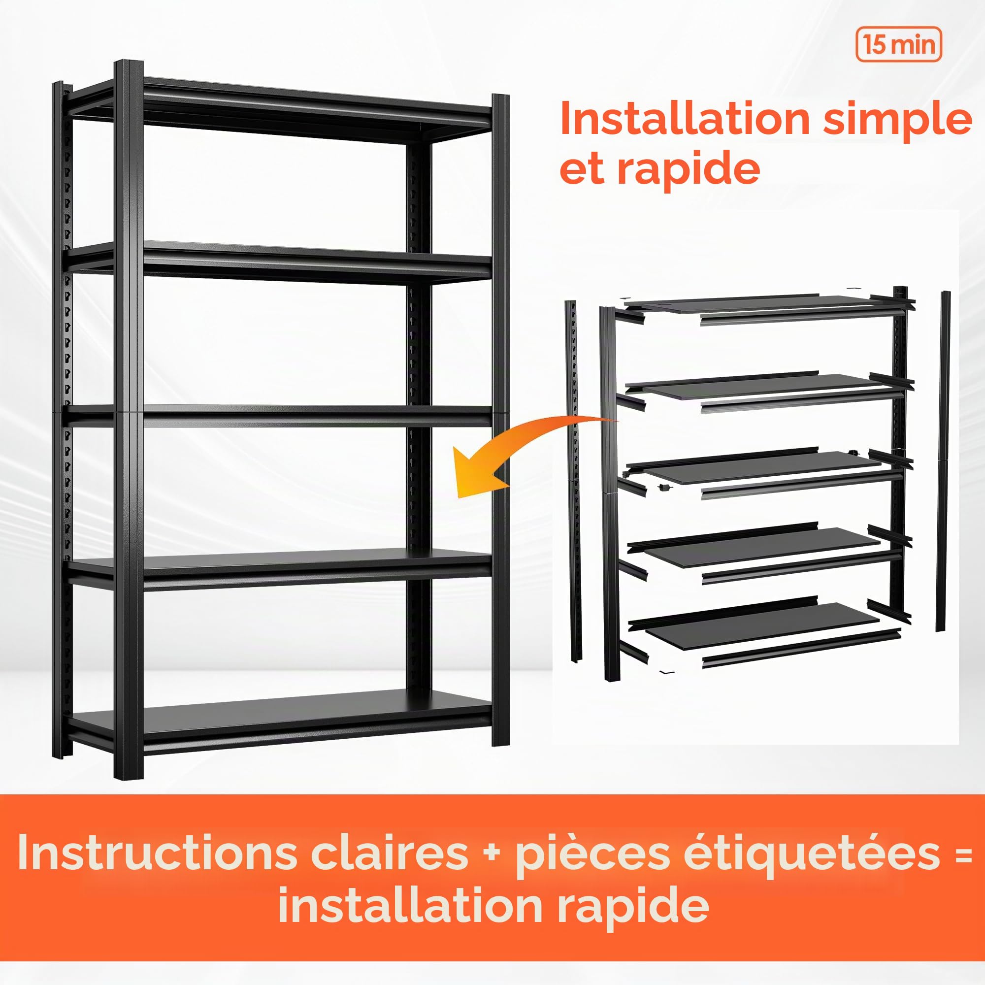 SUPEER Étagère pour charges lourdes - Meuble de rangement en métal - 183 x 90 x 40 cm - Noir - 5 étagères réglables - Pour cave, stockage - Charge maximale : 1000 kg