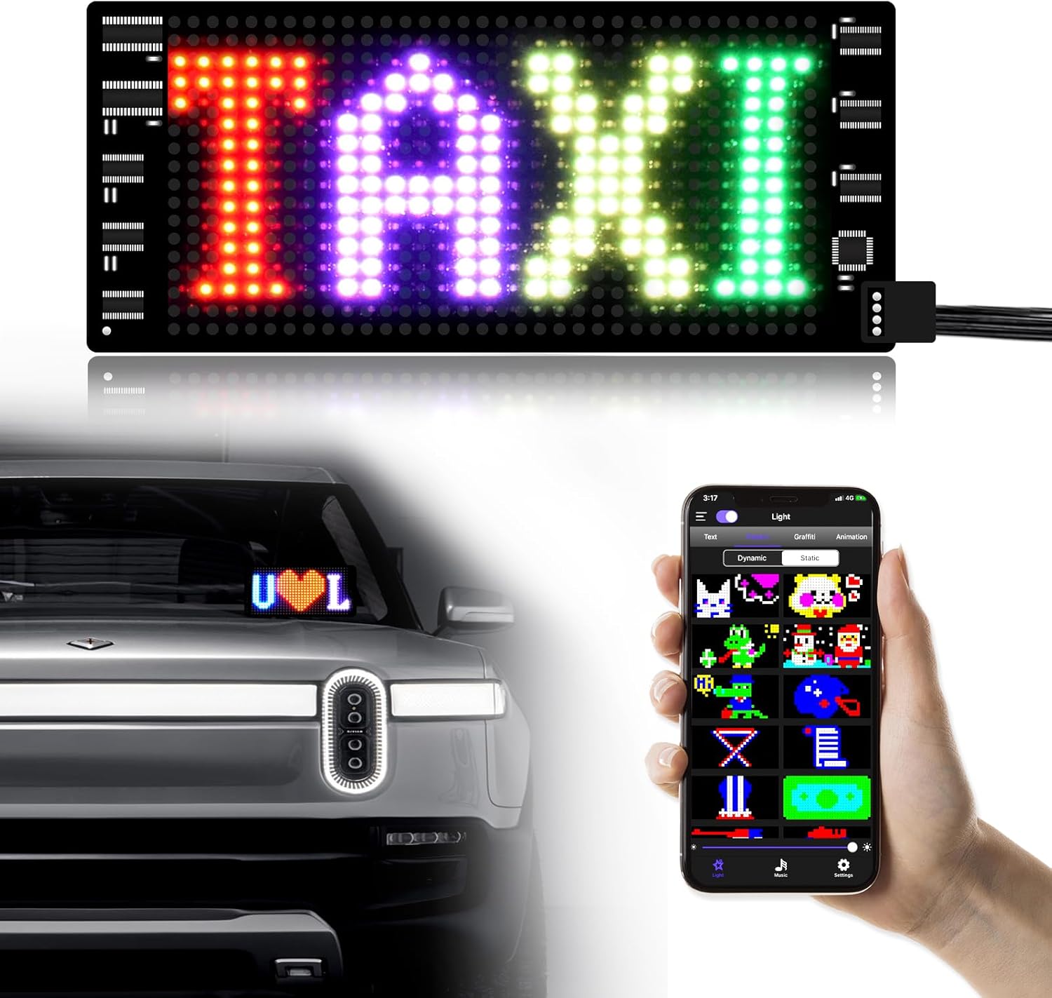 LED Light Signs for Car,Programmable Bluetooth APP Control,DIY Editor Text, Patterns, Animations for Car Game Room Party Bar (3"x 7")