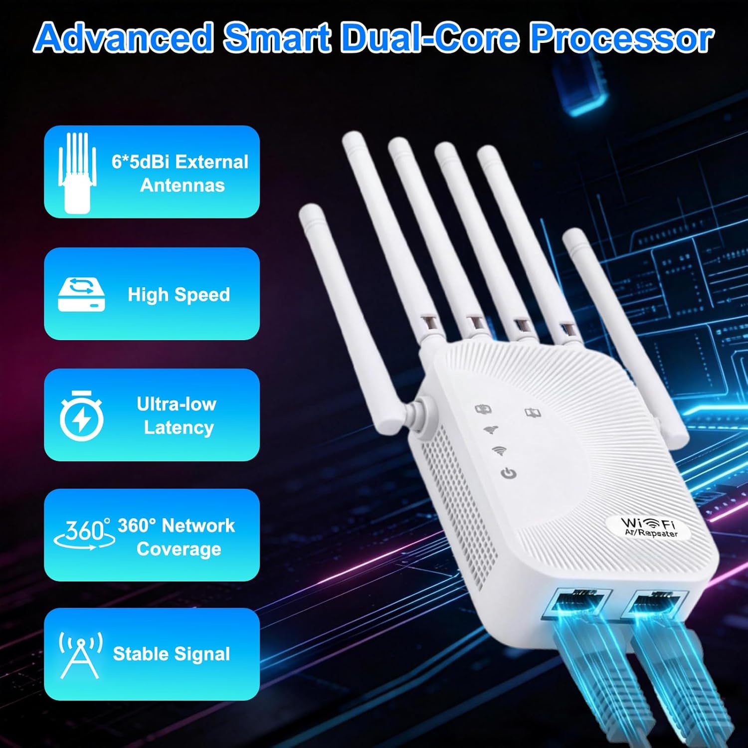 Ourlife WiFi Extender Signal Booster 1200Mbps 6 Antennas WiFi Repeater with Ethernet Port, Dual Band 2.4G+5.8G Wireless Signal Amplifier,Up to 12000Sq.Ft & 100+Devices,Compact Wall Plug Design