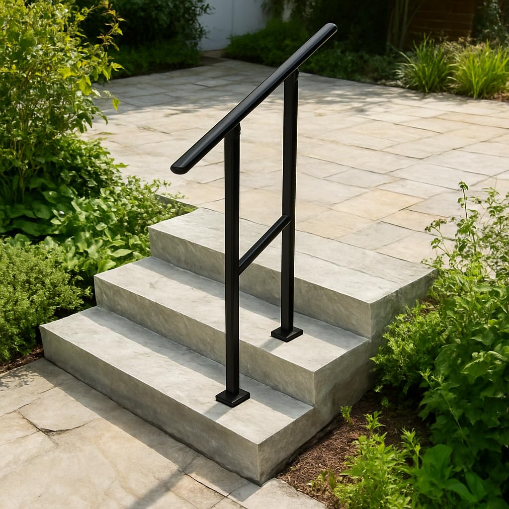 Photo 1 of GarveeLife Hand Rails for Outdoor Steps, 2 Step Adjustable Black Handrail & Indoor Stair Railing Kit, Metal Porch Stair Railing for Porch Deck Garden and Concrete, 1 Pack