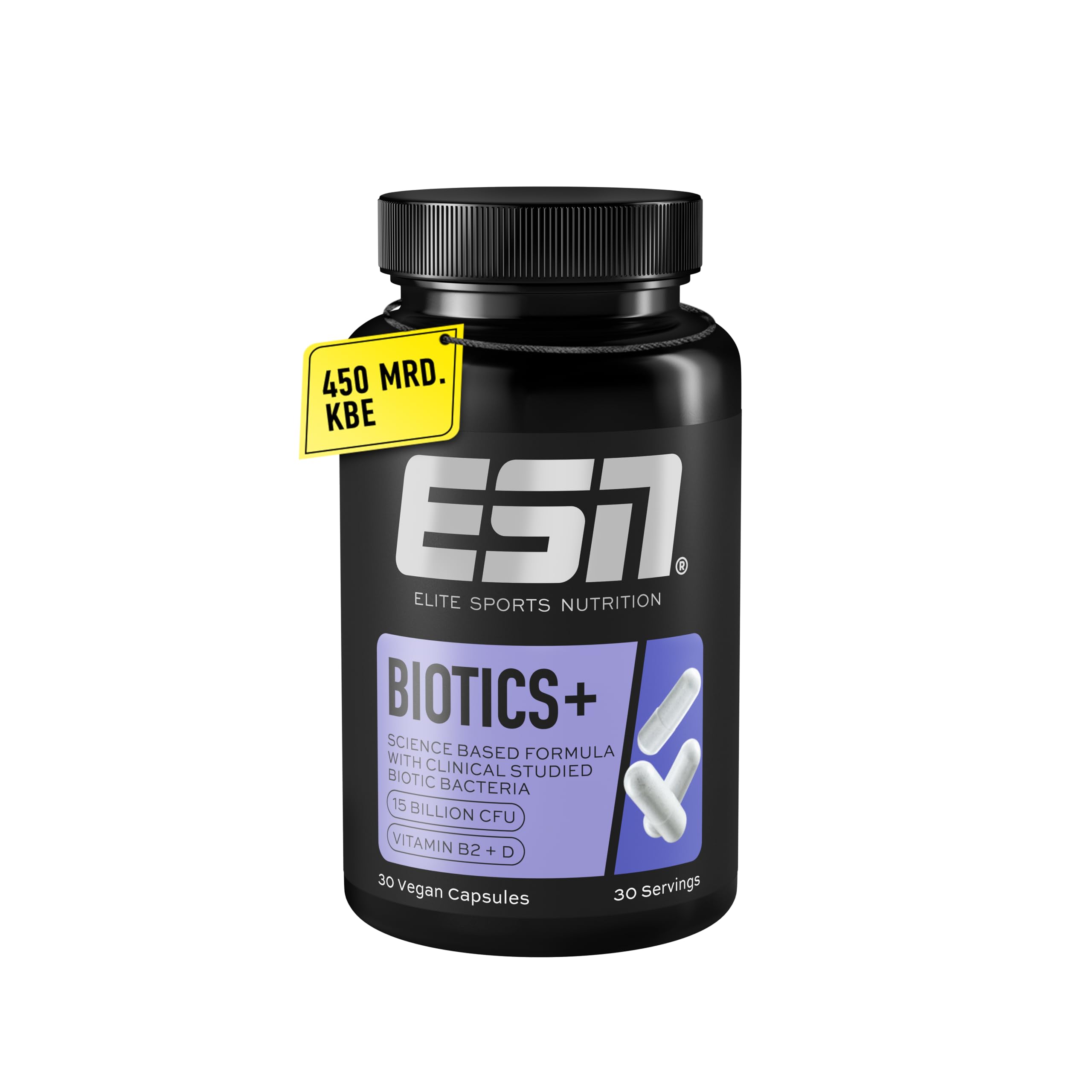 ESN Biotics+, 30 Kapseln, 450 Milliarden KBE je Packung, hochdosiert, mit Vitamin B2 + D, nur 1 Kapsel pro Tag, vegetarisch