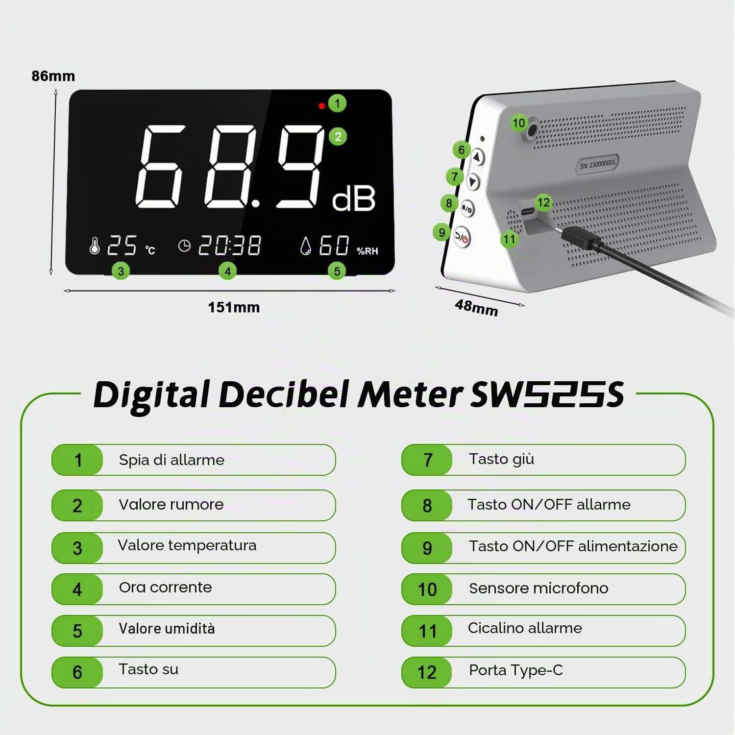 Misuratore di livello sonoro con registrazione dati, 30-130dB Digital Noise Decibel Meter con funzione di allarme, 26000 registrazione ed esportazione dati, ponderato A, ricaricabile per casa