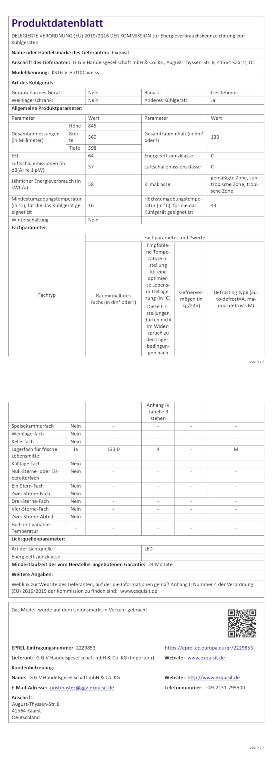 Exquisit KS16-V-H-010C Kühlschrank, 133 Liter Vollraumkühlschrank, Weiß | Energieklasse C, 37 dB leise, 3 Glasablagen, LED-Licht, wechselbarer Türanschlag, Standkühlschrank für Singles