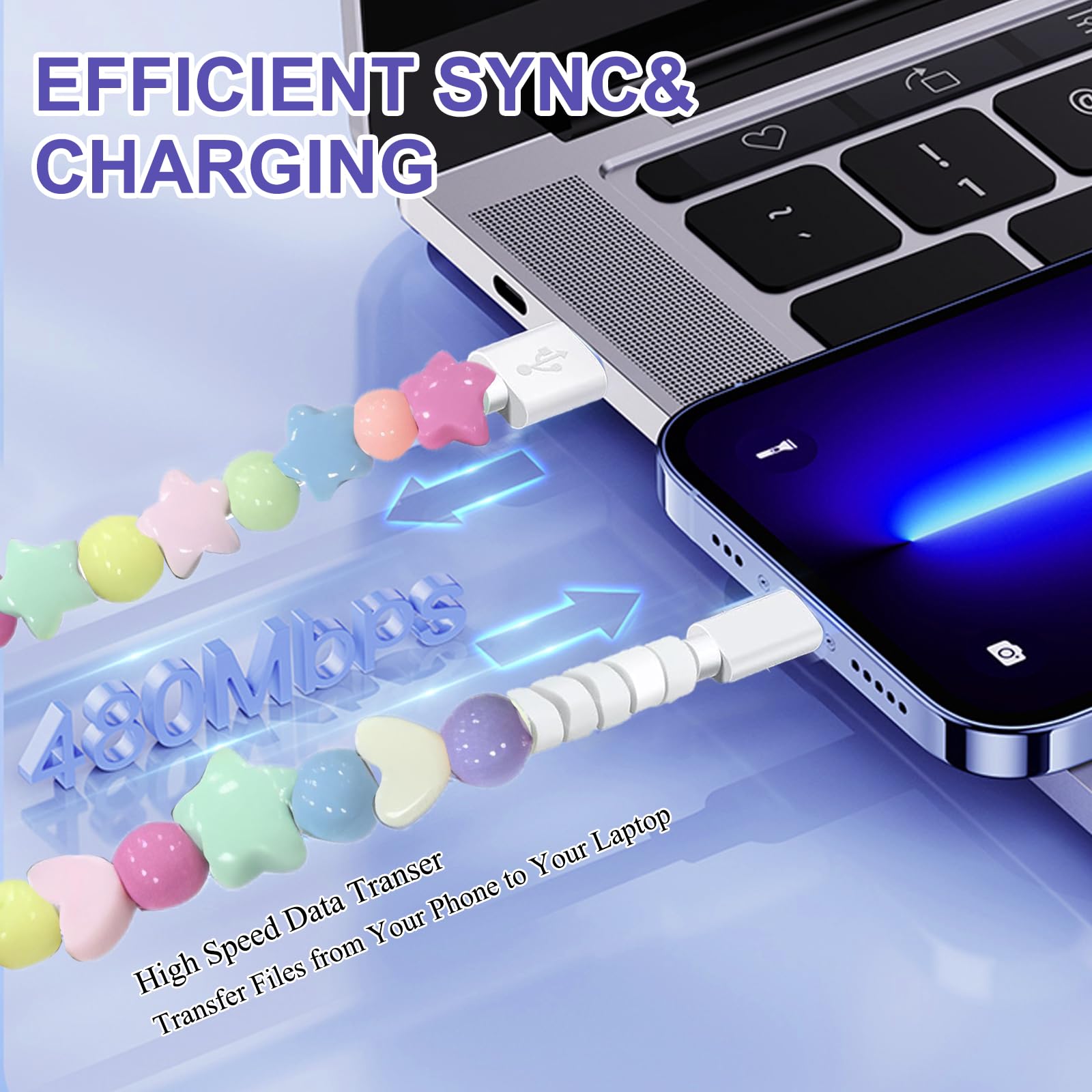 Beaded Phone Charger,Beaded Charging Cable Cute Colorful Beads