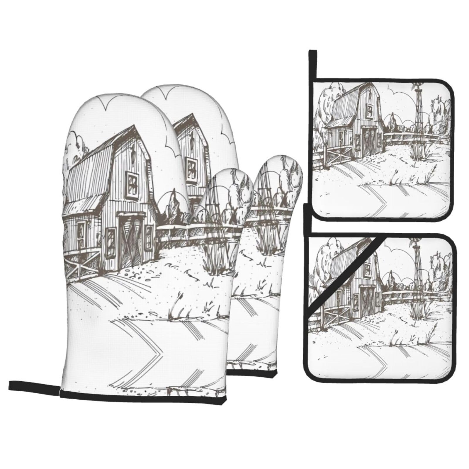 HJFCZH Small town house Prints Kitchen Covers: Waterproof Oven Layers for Safe Cooking & Easy Cleanup - 4 Piece Heat Protection Set