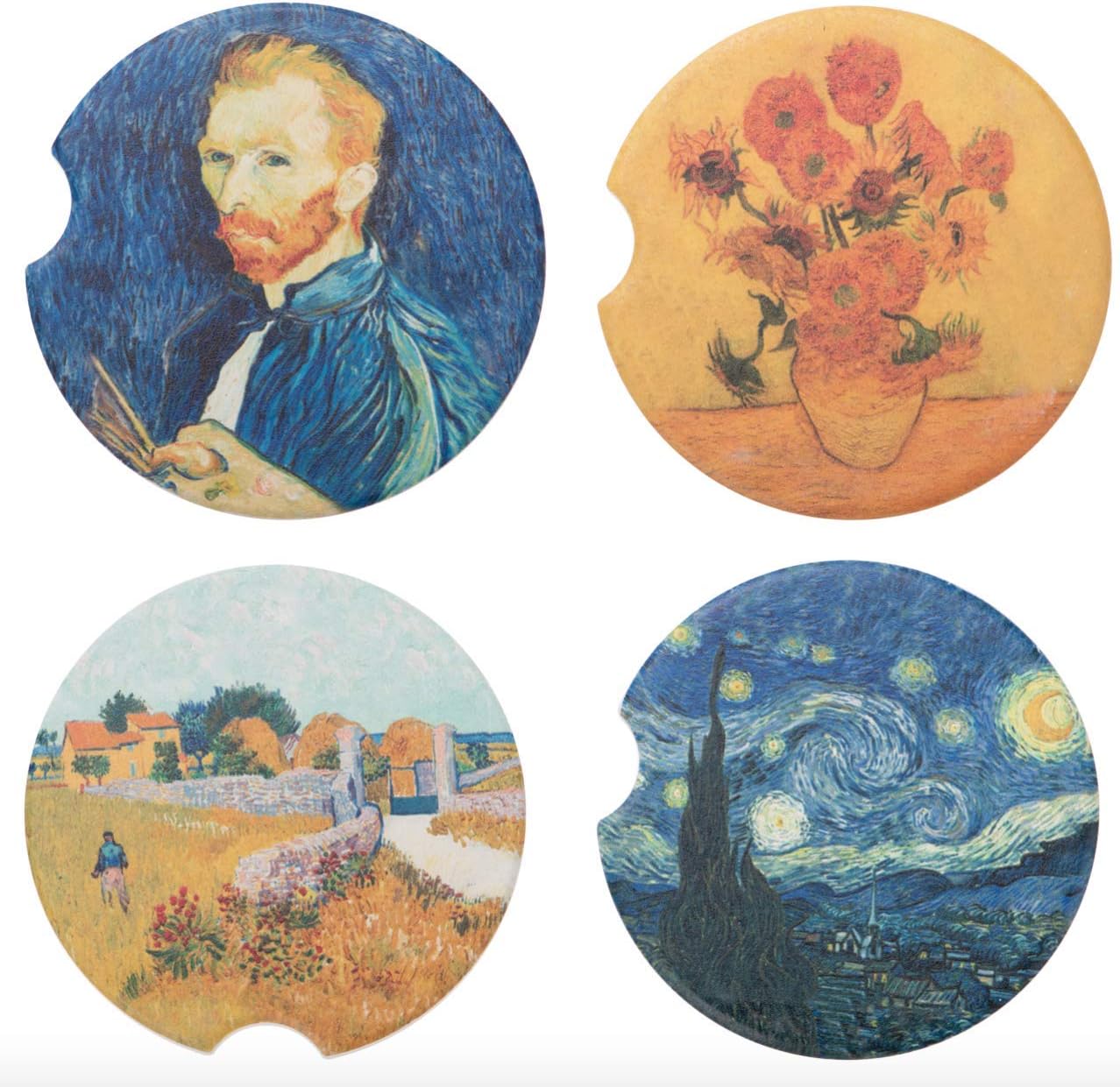 Avamie Car Coasters 4 Pack, Car Cup Holder Coasters, Absorbent Ceramic Stone Coasters for Car, 2.56 inch, Decorative Van Gogh Inspirations Design for Men and Women