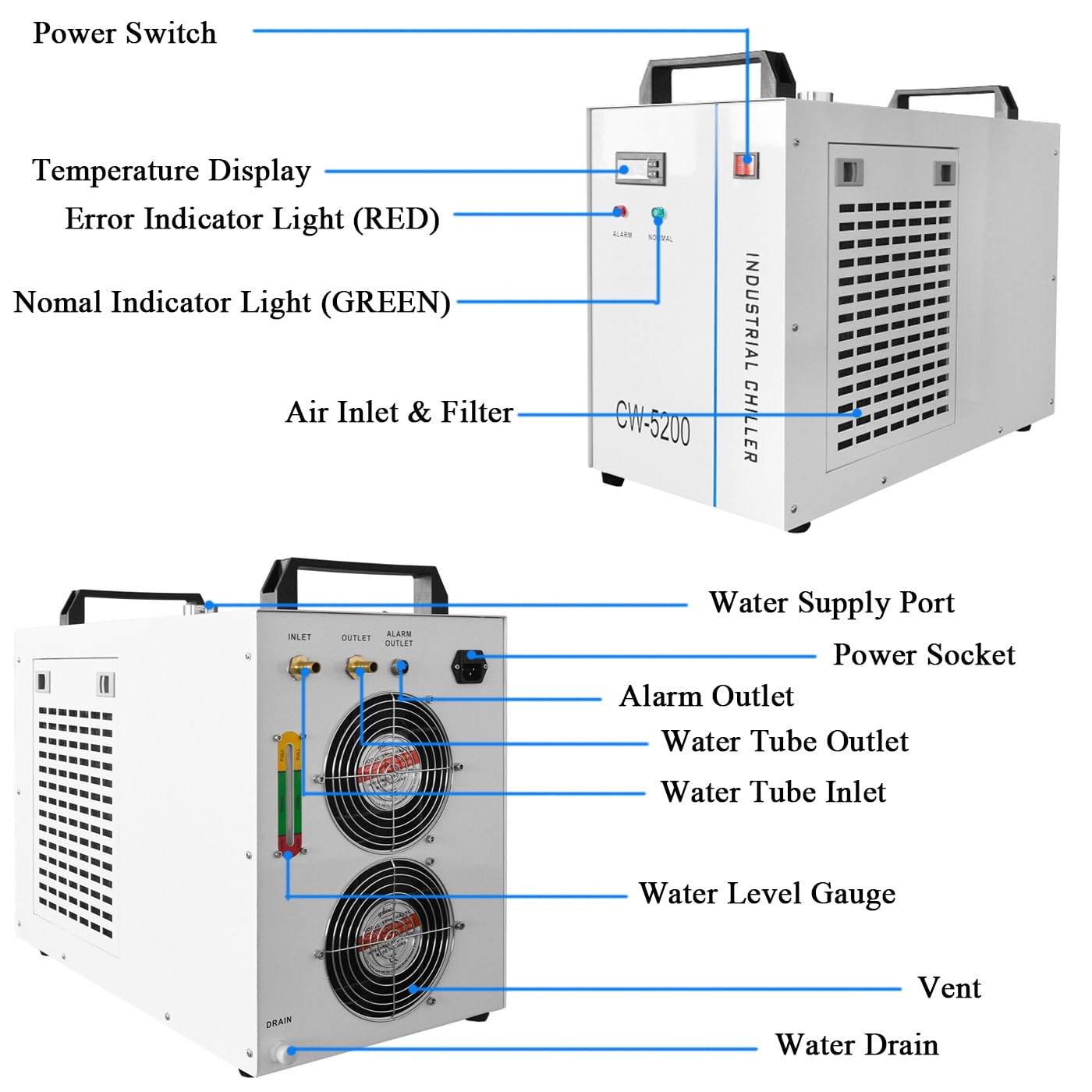 Industrial Chiller Enfriador de Agua Refrigerado Industrial, 220V CW-5200 para Tubo Láser CO2 de 60-130W, Enfriador de Tubo Láser de Vidrio