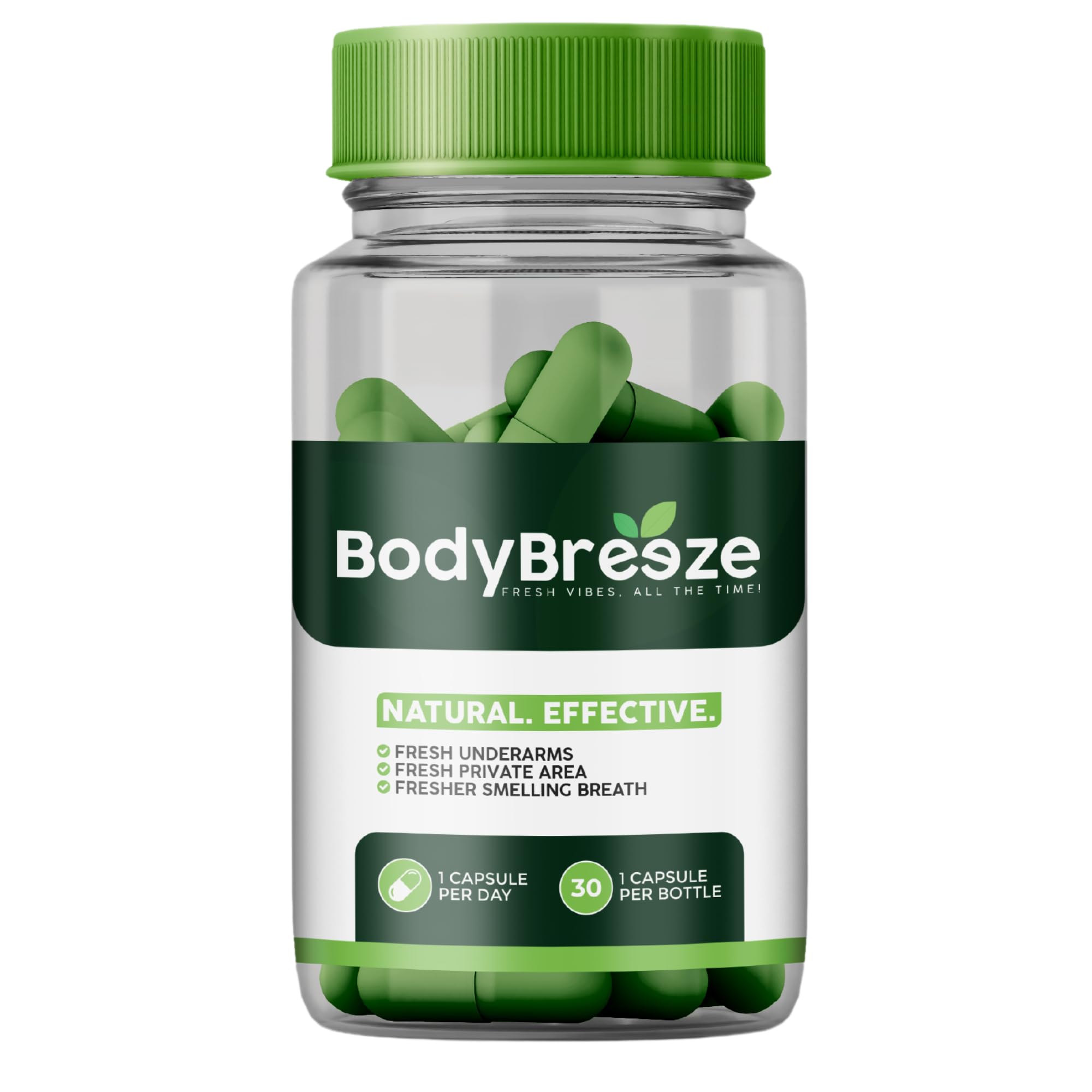 BodyBreeze Internal Deodorant Supplement | Natural Chlorophyll 30 Capsules for Body Odor Control, Gut Health, and Fresh Breath | Vegan, Detox Support