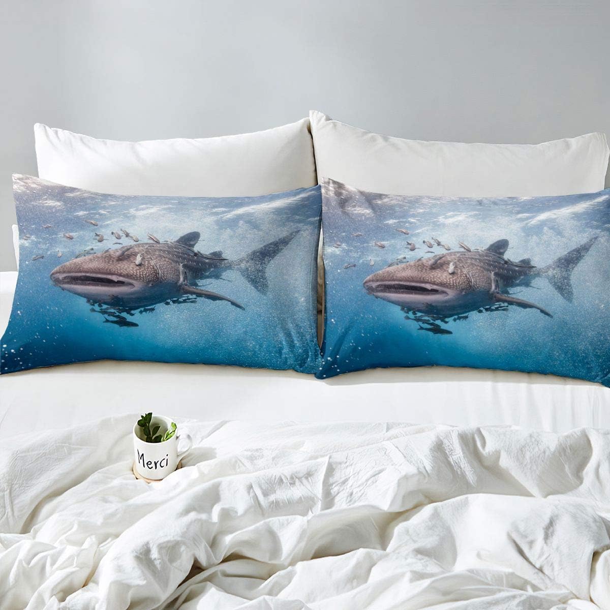 Drap Housse 90x190 Baleine Océan Bleu 3D - Parure De Lit Microfibre Avec 2 Taies D'Oreiller Pour Matelas Épais