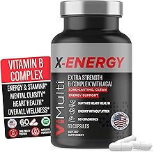 X-Energy Extra Strength B Complex with Caffeine & Vitamin B12 – Energy Support with B1, B2, B3 Niacin, B6, Folic Acid, Biotin, B5, Taurine, Ginseng, Rhodiola, Maca, Acai & Spirulina – 60 Capsules