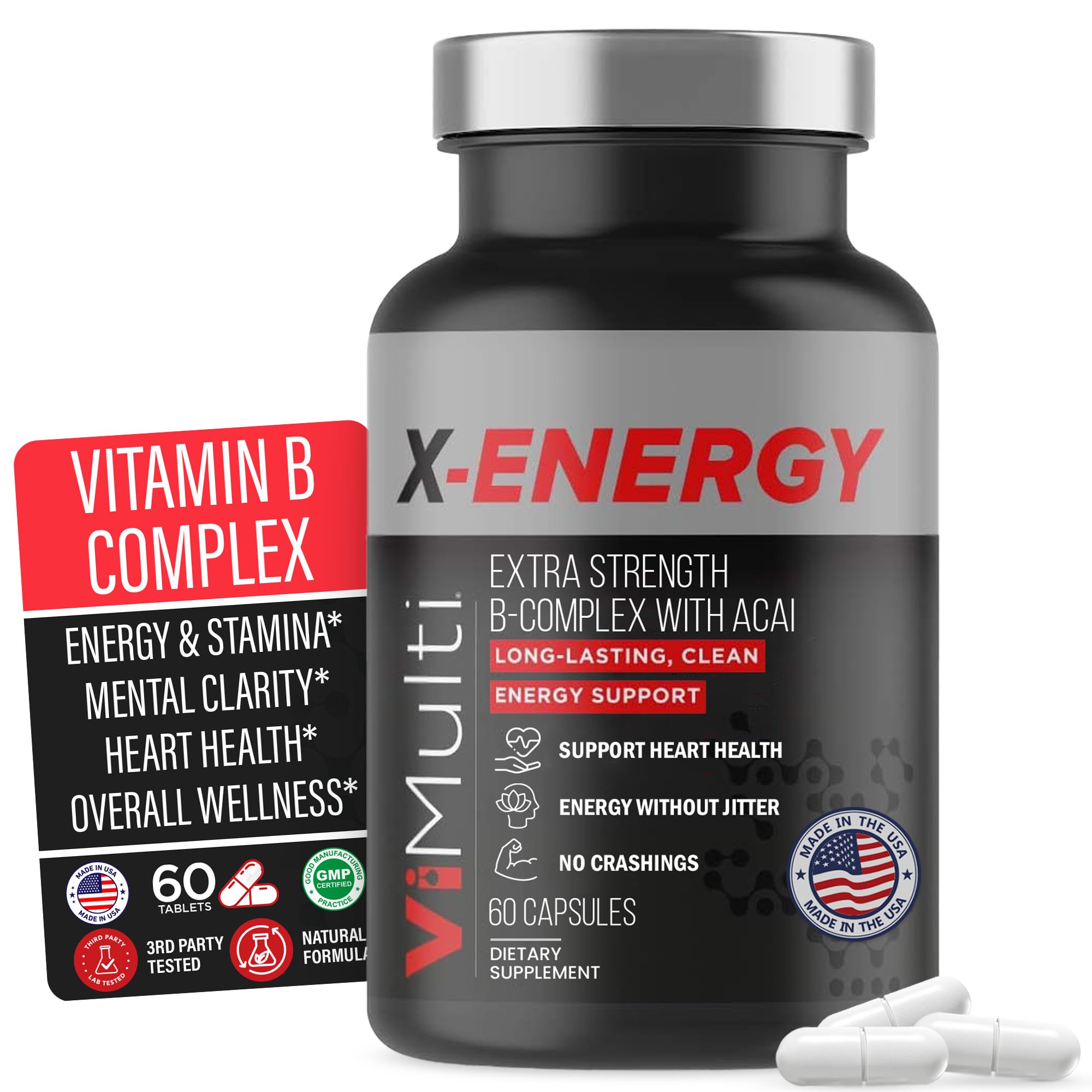 X-Energy Extra Strength B Complex with Caffeine & Vitamin B12 – Energy Support with B1, B2, B3 Niacin, B6, Folic Acid, Biotin, B5, Taurine, Ginseng, Rhodiola, Maca, Acai & Spirulina – 60 Capsules