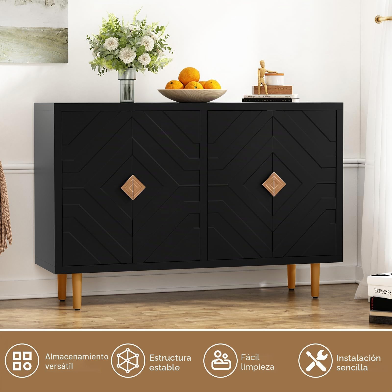 HOLTICO Cómoda de 4 puertas, armario de cocina, armario de almacenamiento, armario para salón, cocina, dormitorio, negro
