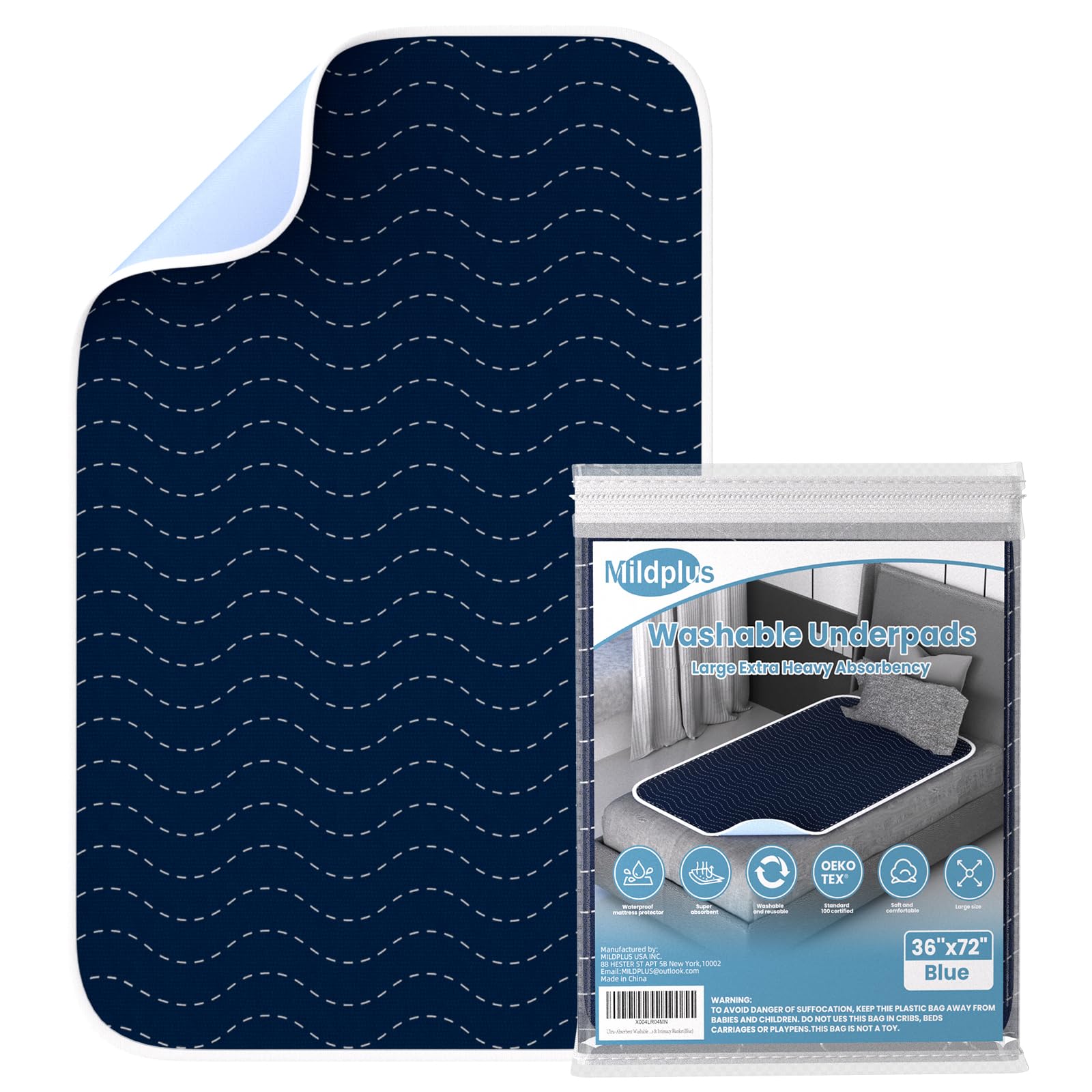 Ultra-Absorbent Extra Large Washable Waterproof Bed Pads 36"X72" Blue