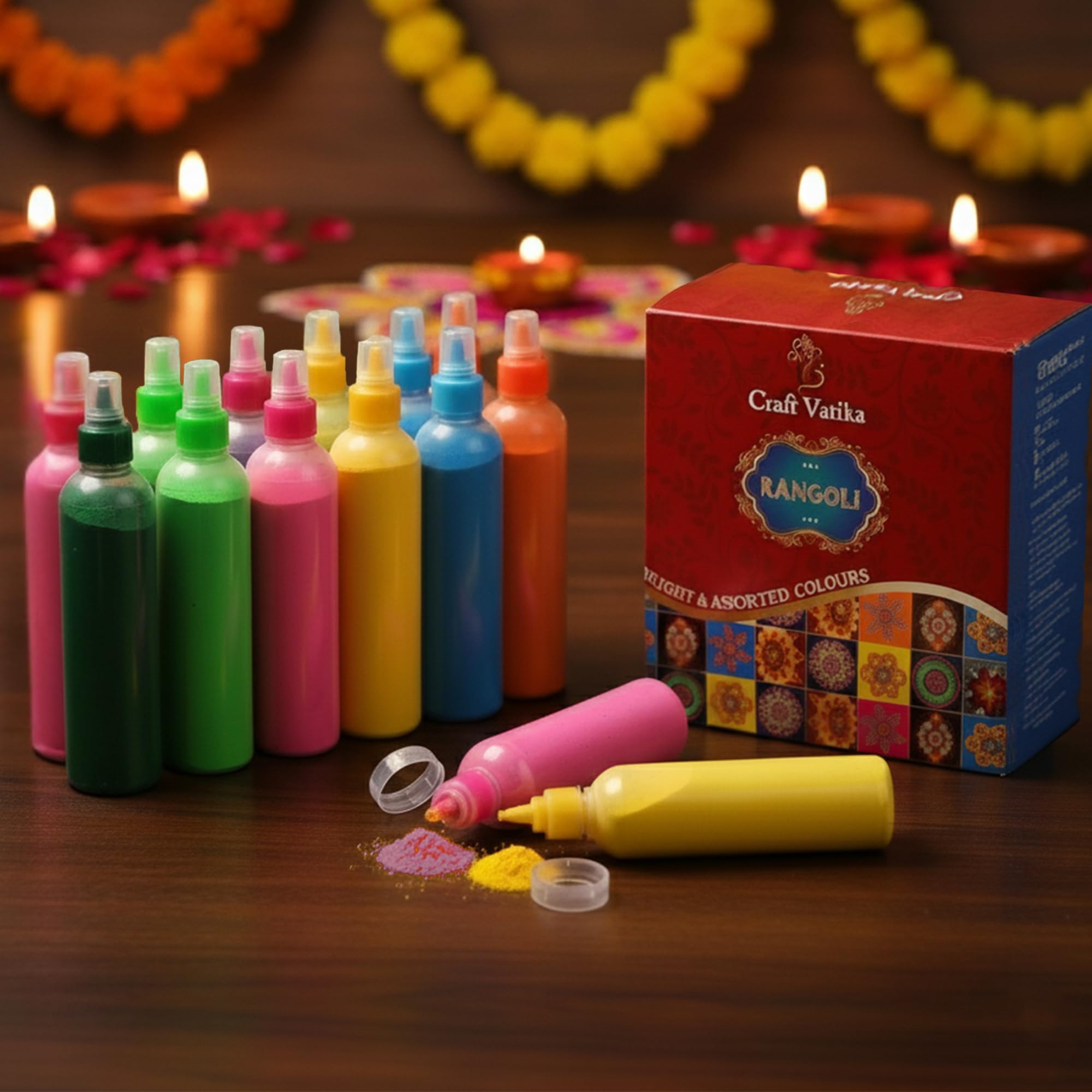 CraftVatika 12 Rangoli Colour Powder Tube Kit, Diwali Decoration Items Bottles Tool Floor Art Rang for Home Navratri Pongal Pooja Mandir Decor (Pack of 12) (1 Box- 12 Bottle)