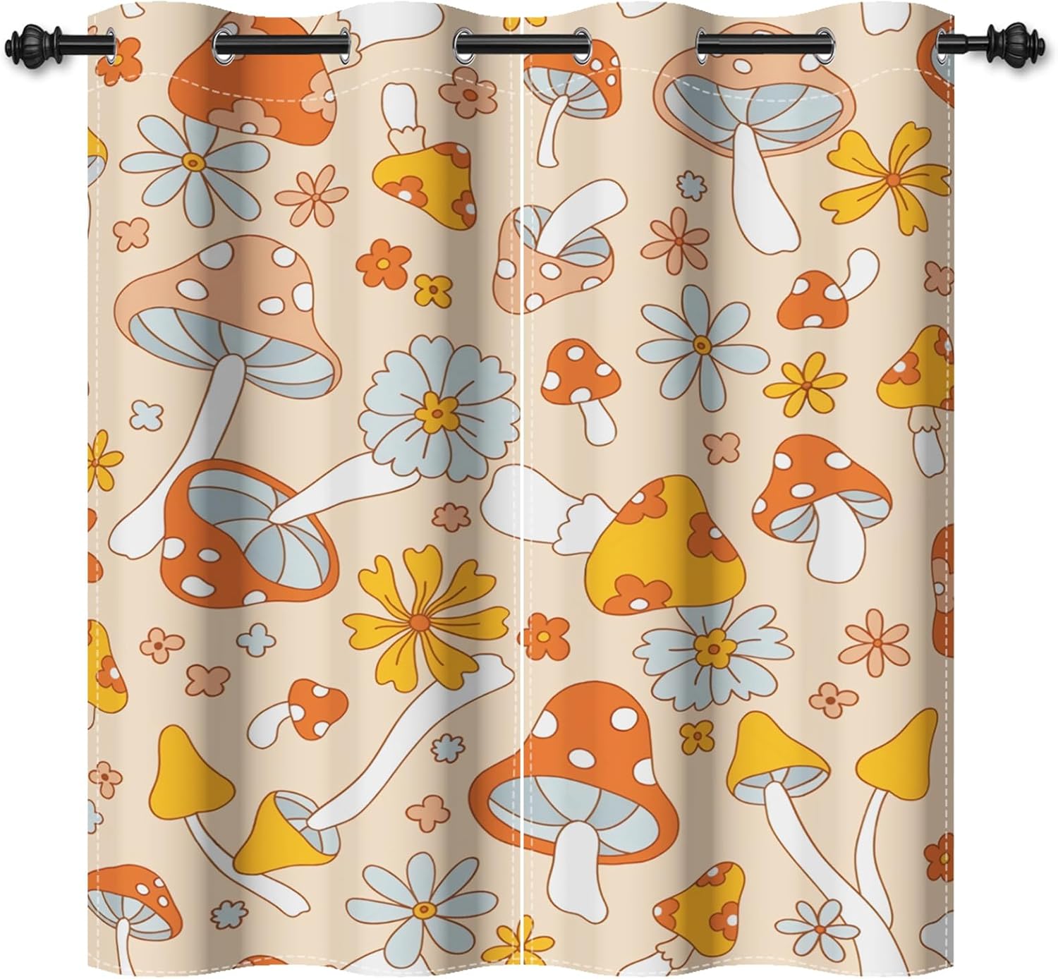 Renaiss Daisy Mushroom Window Curtains Boho Flower Mushrooms Decorative Blackout Drapes Retro 70s 60s Hippie Groovy Grommet Window Treatments for Kitchen Bedroom Living Room 21x63 Inches x 2 Panels