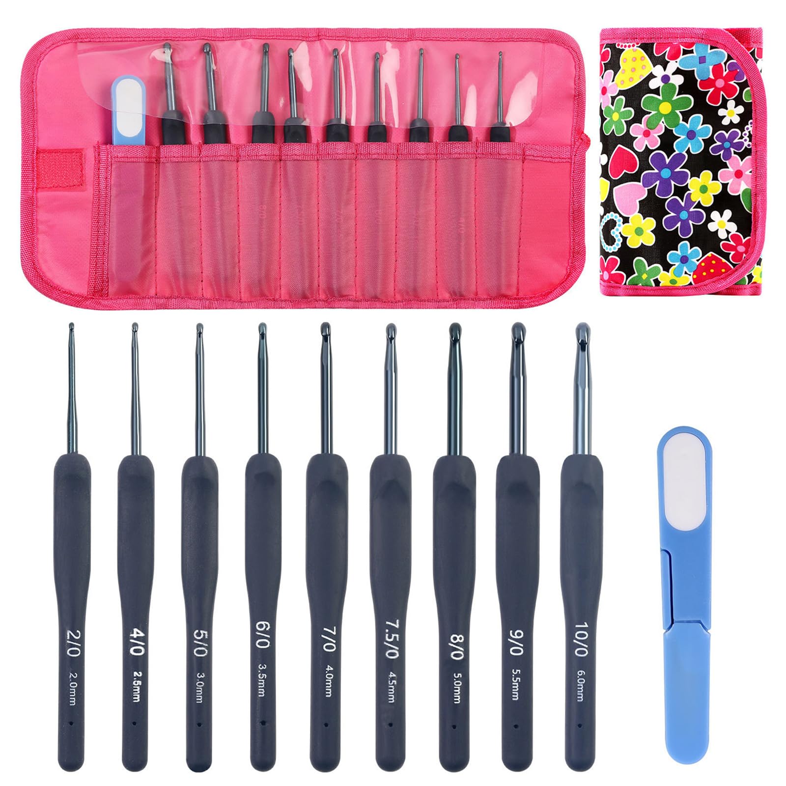 9Pcs Crochet Hook 2.0mm-6.0mm Soft Ergonomic Grip Aluminum with Scissors and Case for Knitting Project Soft Grip Aluminum