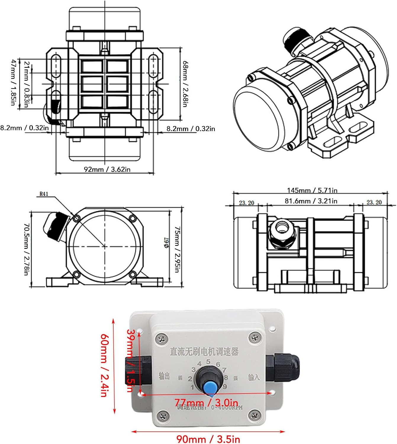 DC 12V Concrete Vibrator Vibration Motor,4000RPM Aluminum Alloy Electric Vibrating Vibrators Vibration Motor,IP65 Case Vibrating Motor with Speed Controller for Shaker (60W)