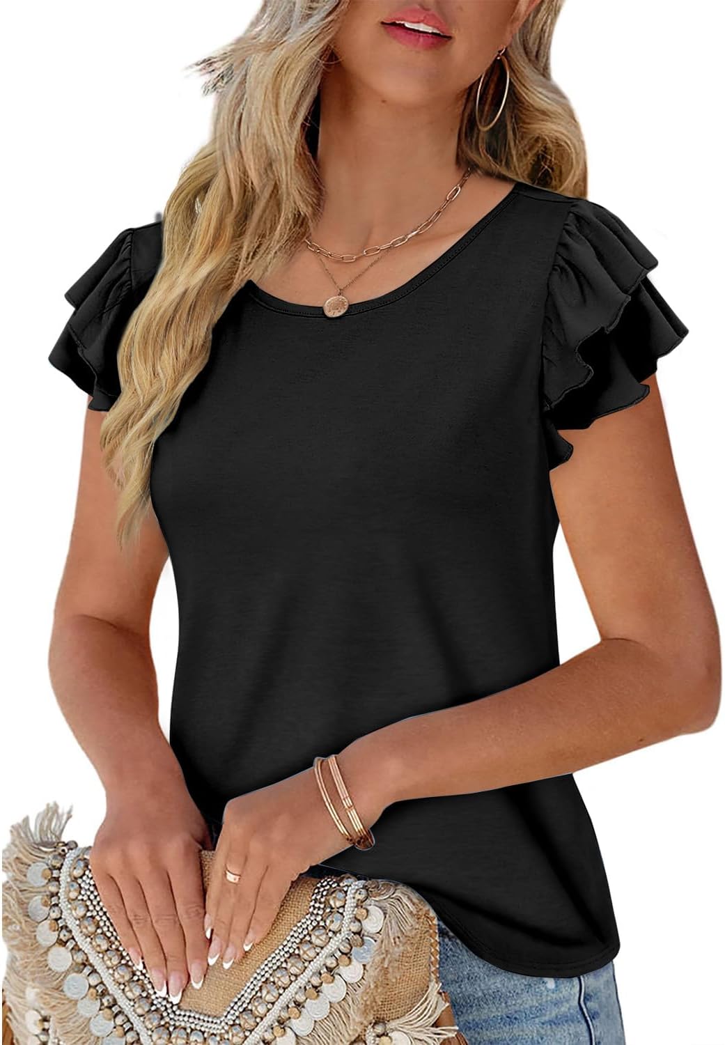 NORACORA Womens Ruffle Short Sleeve Summer Tops Cute Crew Neck Bacis T Shirts Casual Blouses
