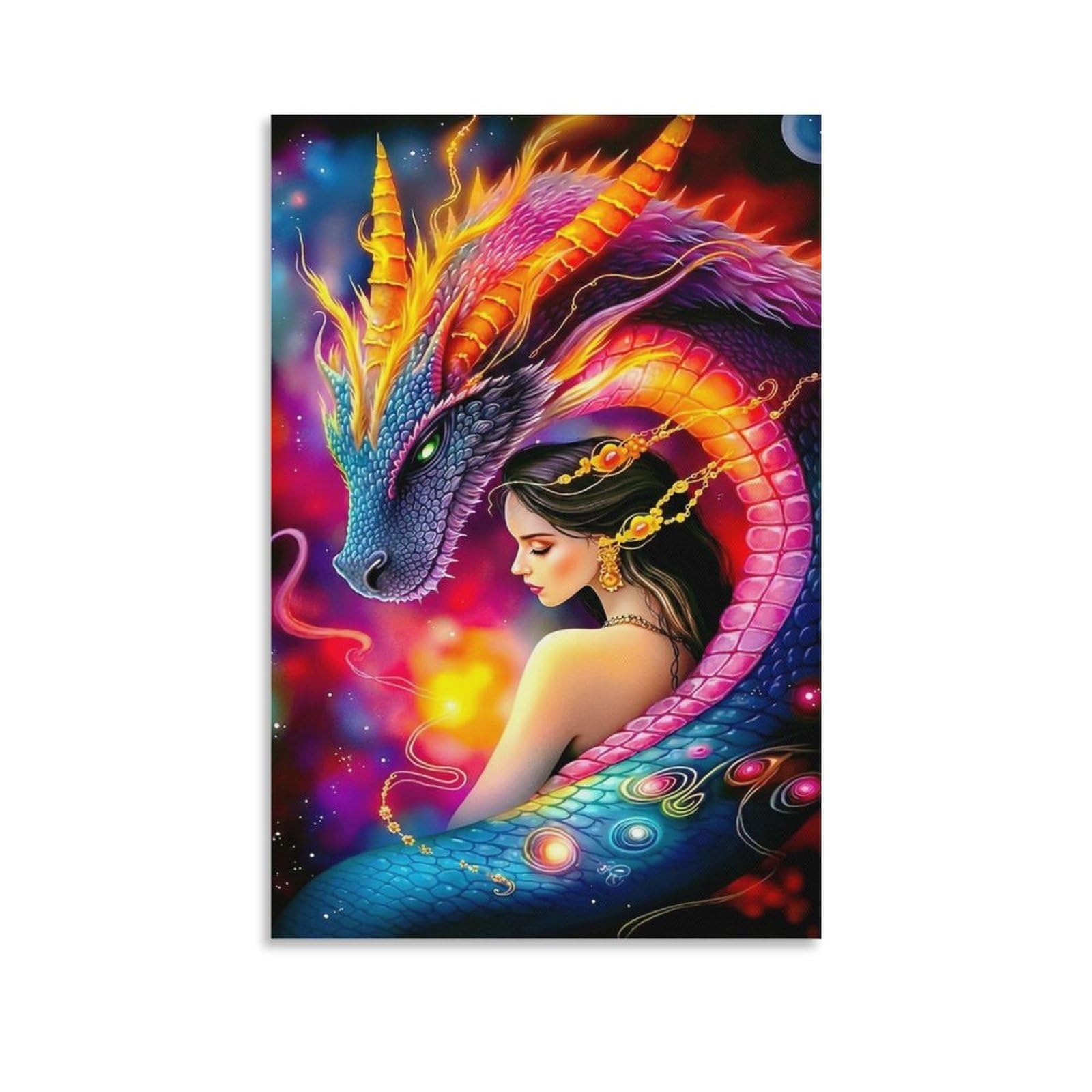 DHBANEIOK Fantasy Dragon Woman Wall Decor Poster Canvas Prints Picture Modern Wall Art Picture Wall Hanging for Bathroom Wall Decor 20x30inch(50x75cm)