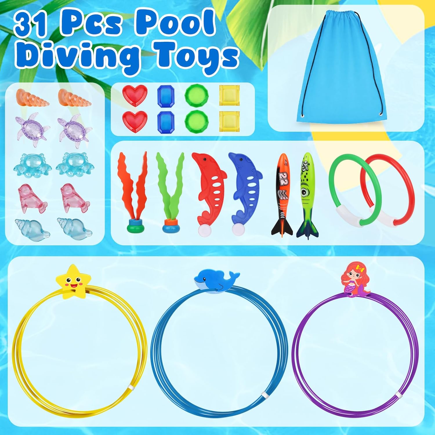 Pool Diving Toys for Kids: Airyard 31 PCS Underwater Swim Rings and Diving Game Set Fun Pool Game Backyard Summer Water Toys for Birthday Party Toddlers Kids Teens Adults