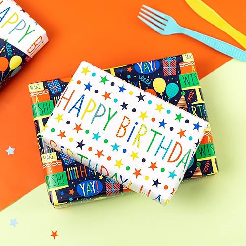 Miniatura 4 de MAYPLUSS Rollo de papel de regalo reversible para cumpleaños, mini rollo, 17 pulgadas x 32.8 pies, letras de feliz cumpleaños, pasteles, velas, azul