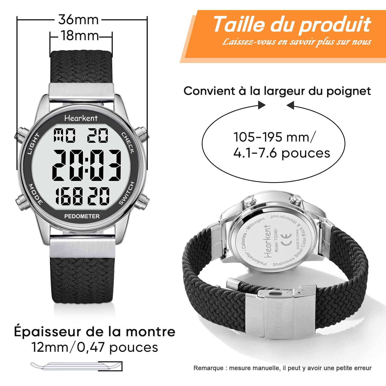 Montre podomètre Femme, Bracelet en Nylon Souple, sans Application ni Charge nécessaires, avec comptage de Pas, de Calories, de Distance, Horloge et rétroéclairage d'écran