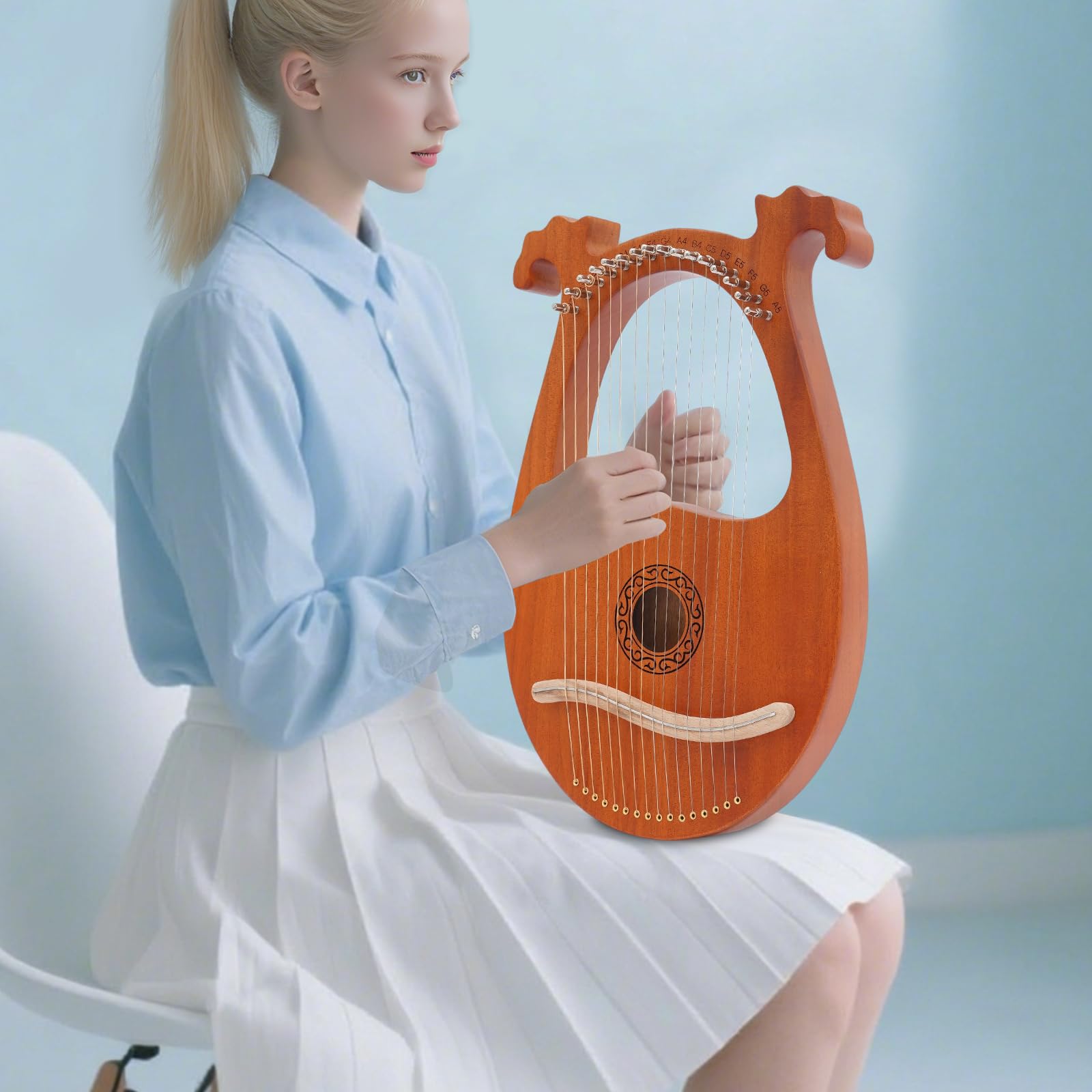 Arpa de 16 cuerdas con patrón europeo | Arpa de viaje ligera en aspecto de madera natural | Ideal para niños | Pedagogía musical y relajación en casa | Diseño elegante para salón, escuela y jardín