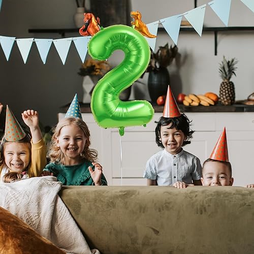 Miniatura 5 de Globo verde de dinosaurio número 2 de 40 pulgadas para decoración de fiesta de cumpleaños, globo de aluminio de número grande, globo verde, lindo