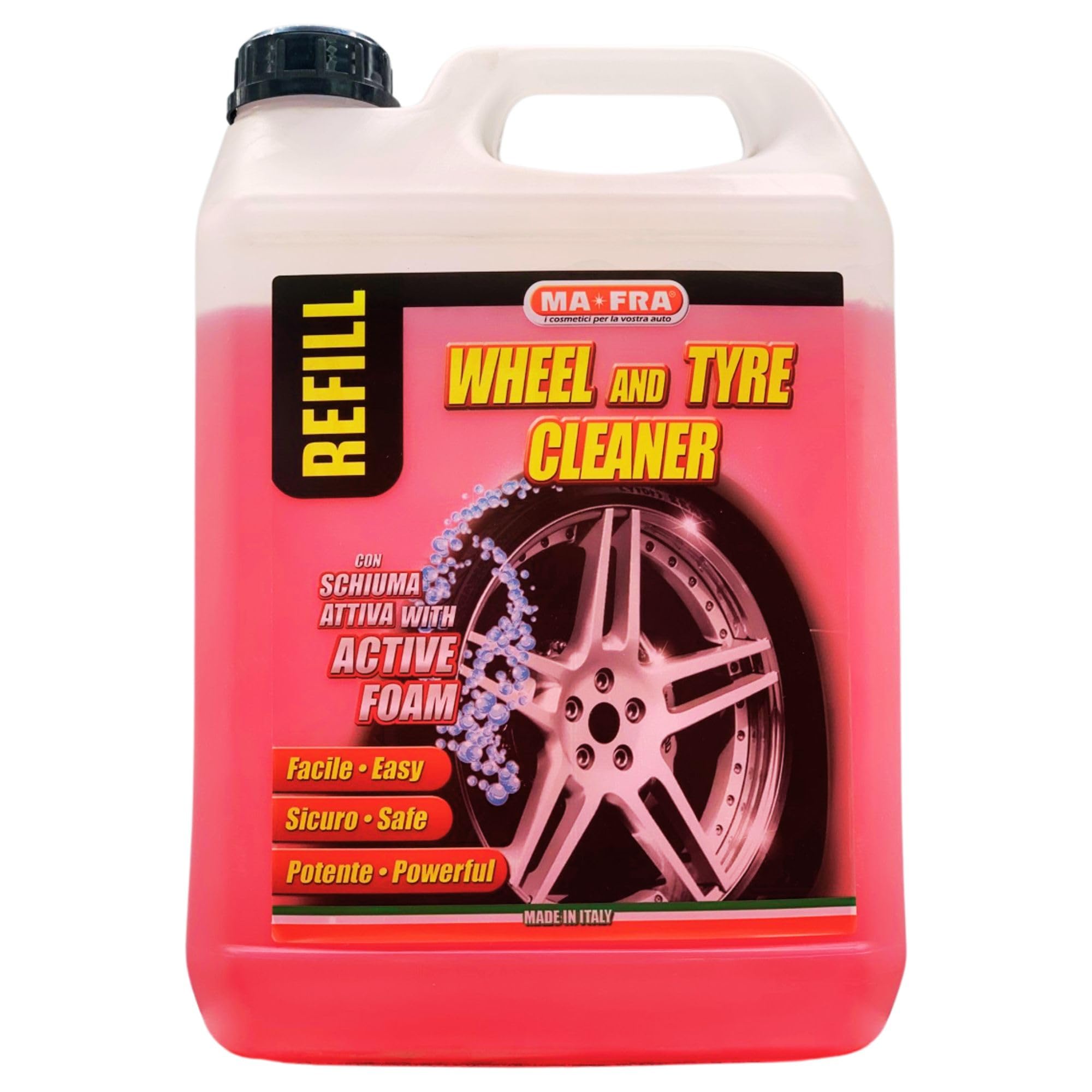 SET PULITORE CERCHI E GOMME Con Schiuma Attiva. Deterge e Sgrassa Gli Pneumatici Delle Auto: Tanica 4500ml + Trigger 500ml + Confezione Da 5 Panni In Microfibra, Formato 30x35cm