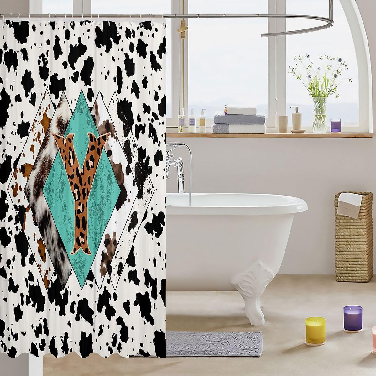Rideau de douche lettre Y taille L léopard monogramme alphabet imprimé cuir de vache rideau de bain pour adultes design rustique rétro rideaux de bain imperméables avec 12 crochets pour baignoire